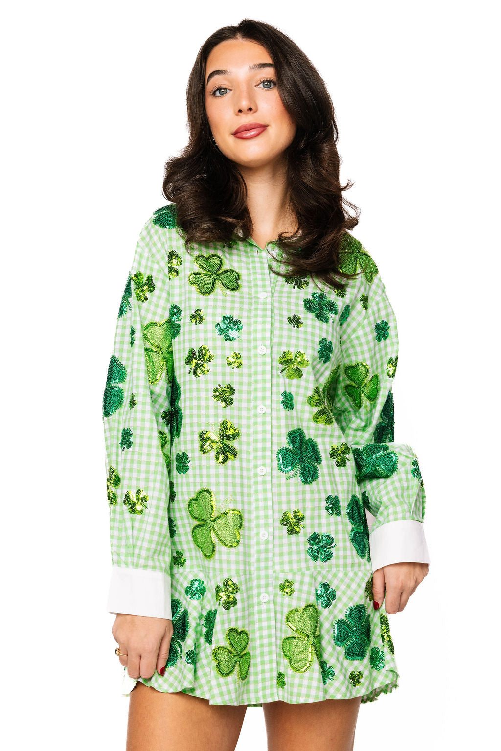 Green & White Plaid Rhinestone Shamrock Collar Cotton Dress XXL / SP26103 Green & White Plaid Rhinestone Shamrock Collar Cotton Dress XXL / SP26103