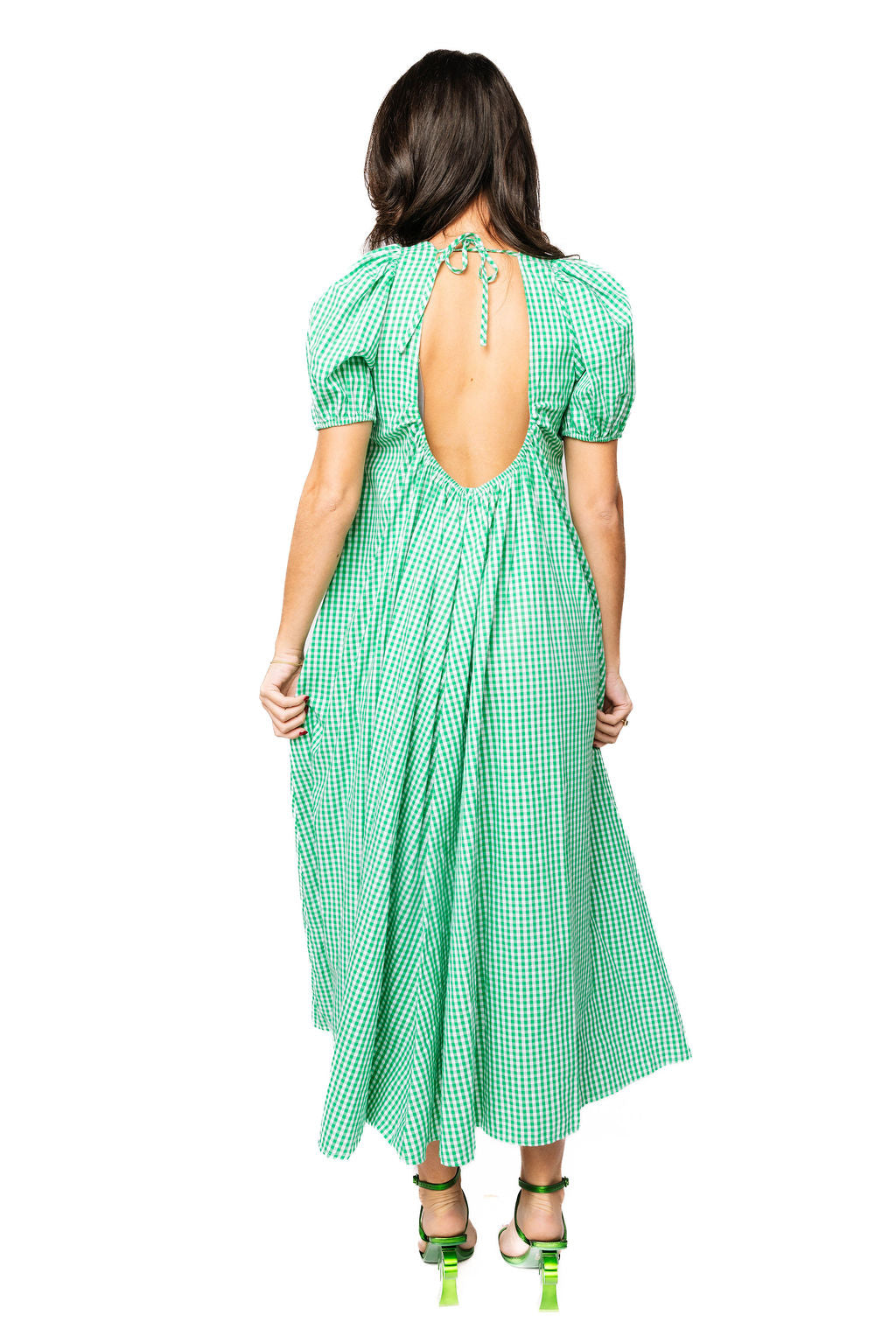 Green Gingham Jeweled Shamrock Cotton Tie Back Midi Dress S / SP26327 Green Gingham Jeweled Shamrock Cotton Tie Back Midi Dress S / SP26327