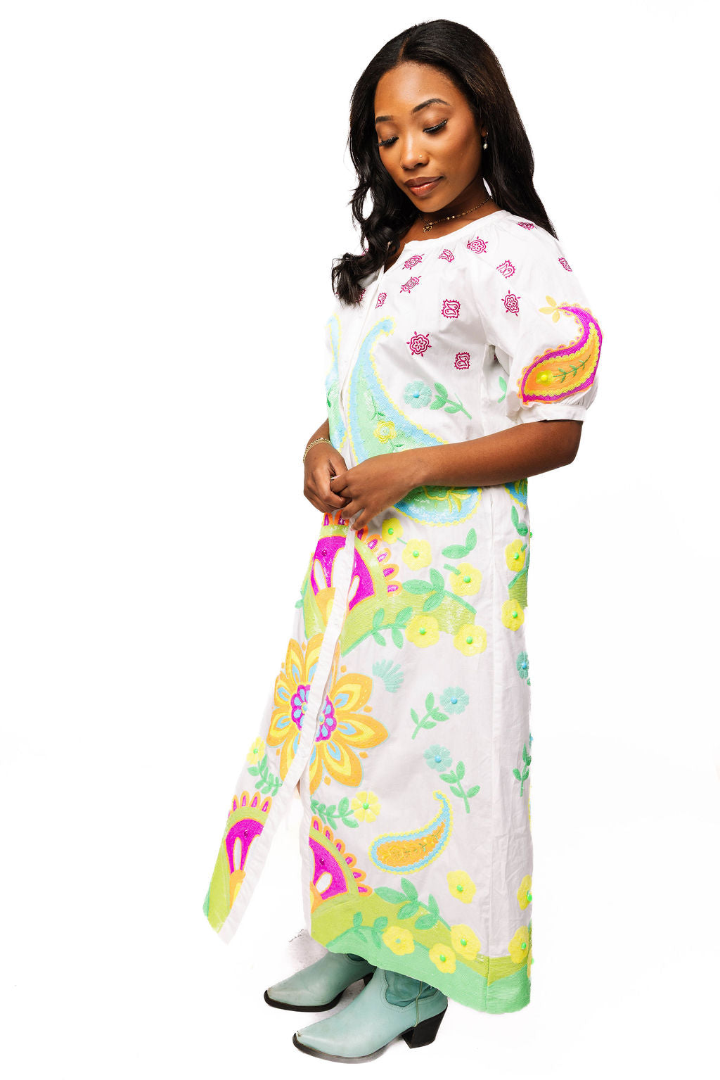 White & Neon Paisley Print Button Up Cotton Midi Dress – Queen of Sparkles
