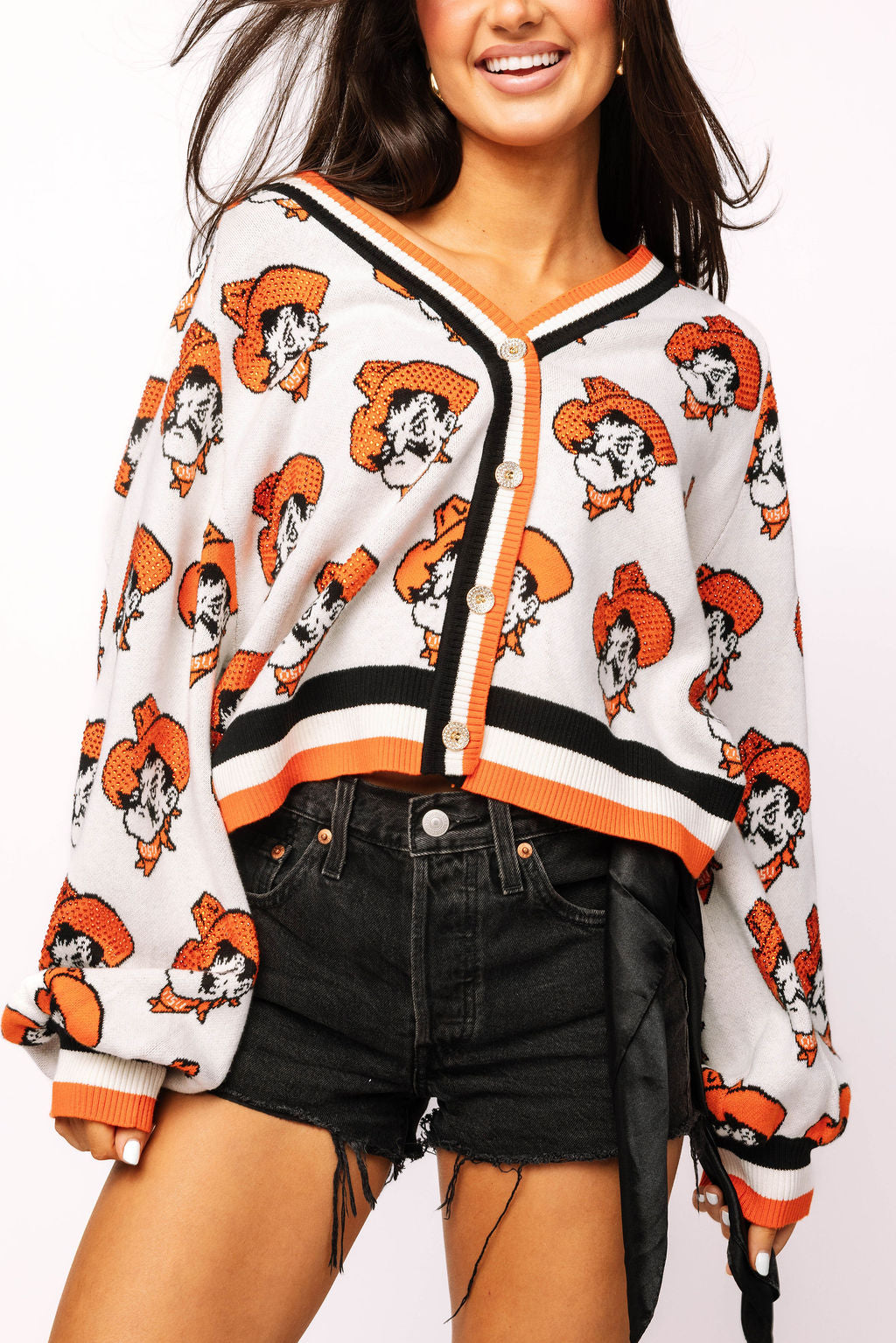 Licensed Oklahoma State Knit In Mascot Rhinestone Cardigan