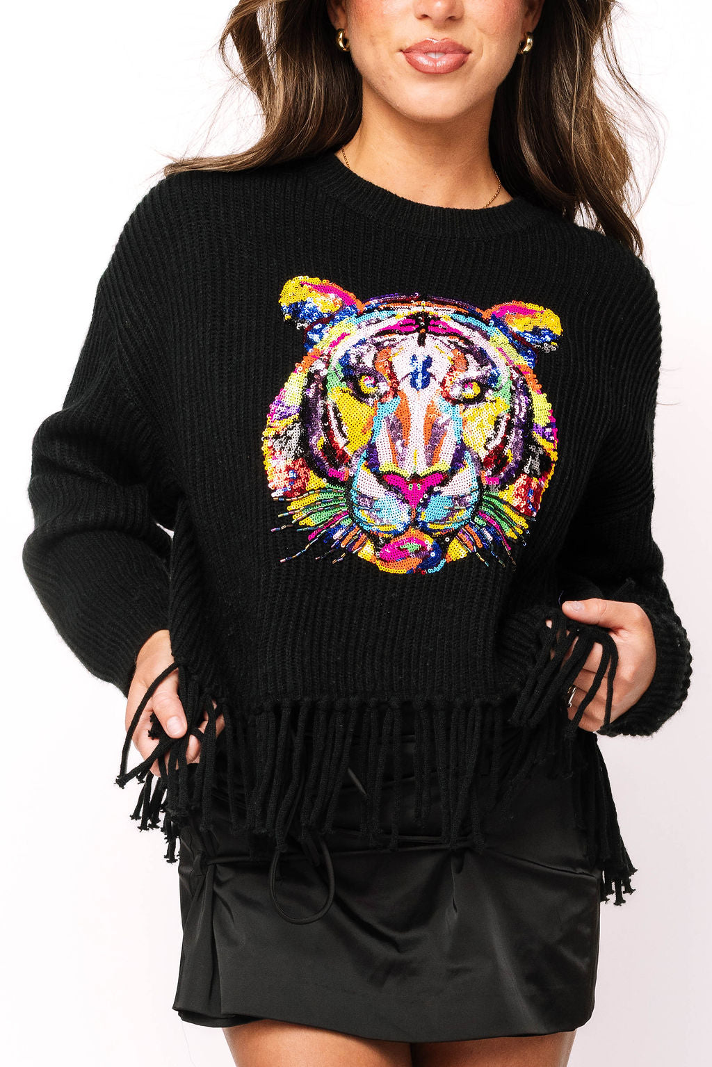 Black Fringe Sweater with Rainbow Tiger Head