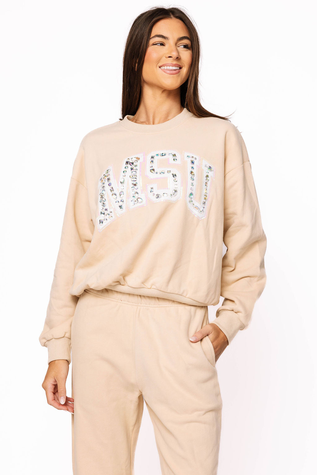 Licensed Sample - MSU Tan W/ White Jewel Letter Sweatshirt/Pant SET
