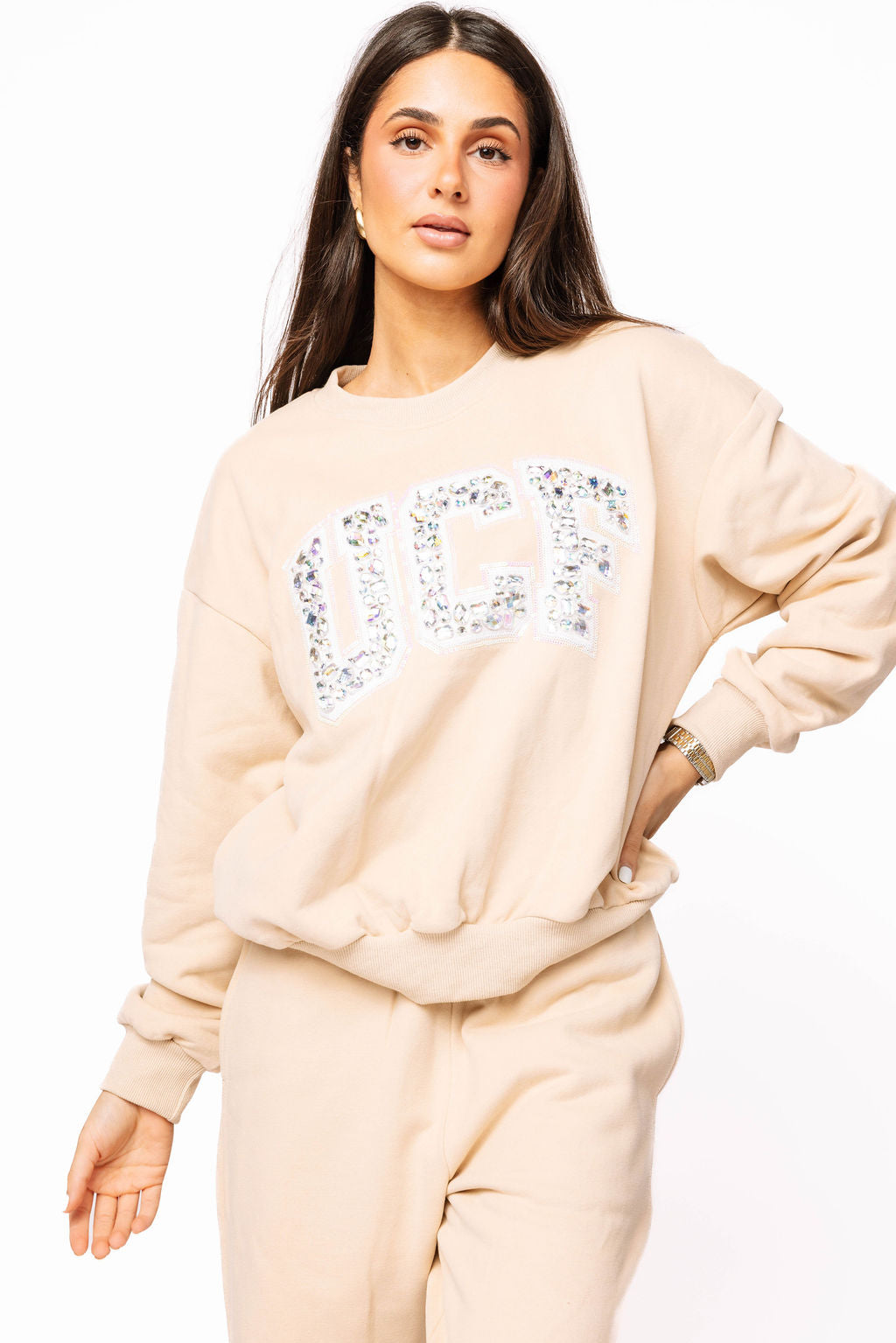 Licensed Sample - UCF Tan W/ White Jewel Letter Sweatshirt/Pant SET