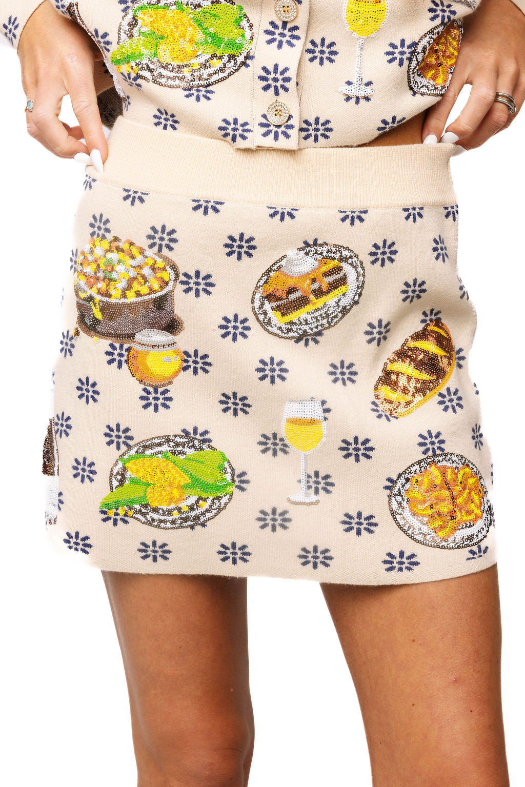 Ivory Flower Print Thanksgiving Meal Knit Skirt