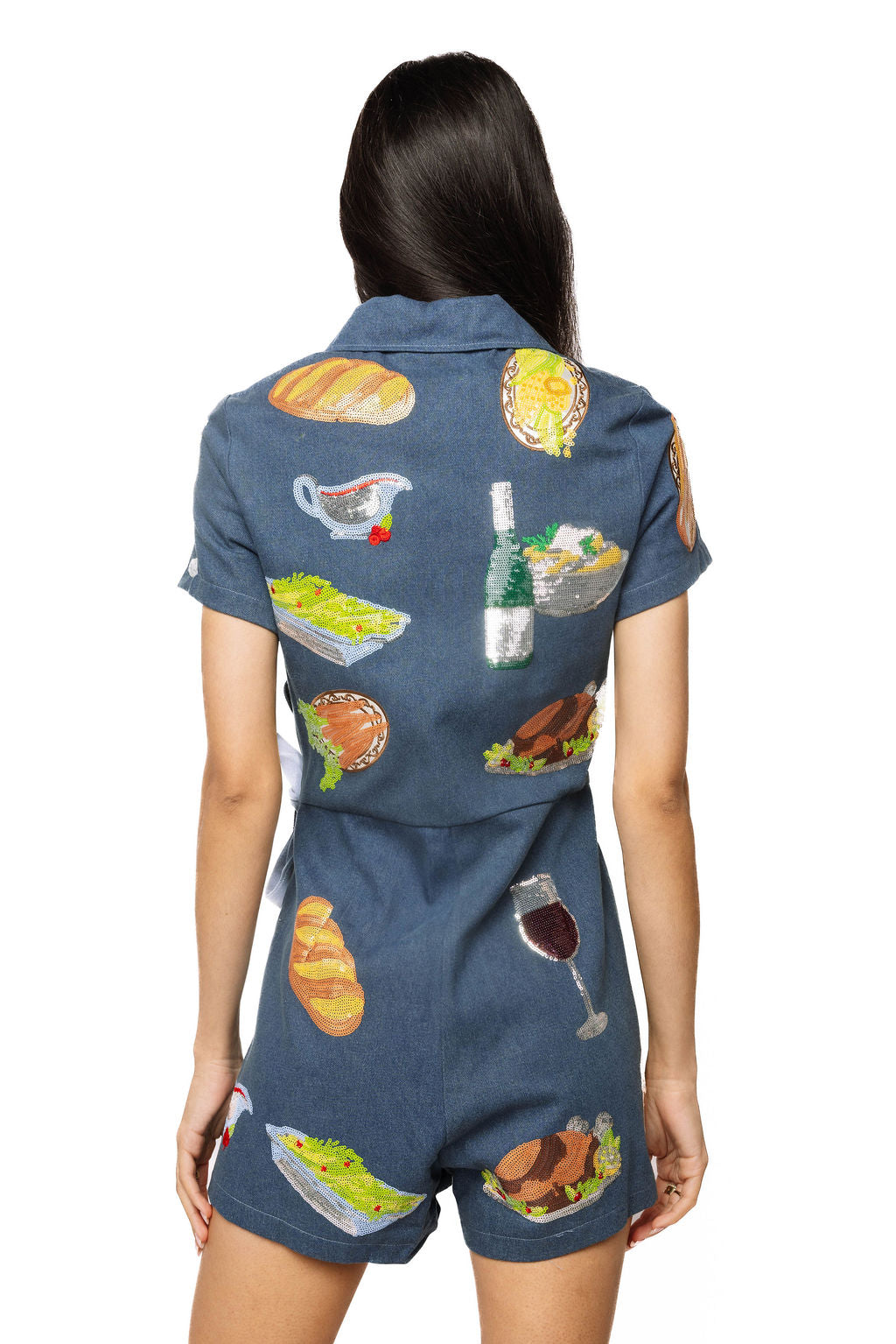 Sample Denim Thanksgiving Food Tie Romper