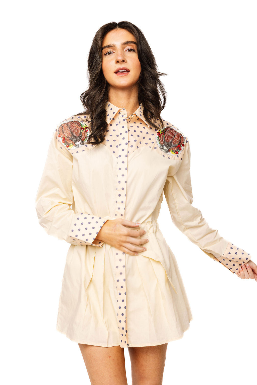 Sample Ivory Polka Dot Turkey Shoulder Button Up Drawstring Waist Dress