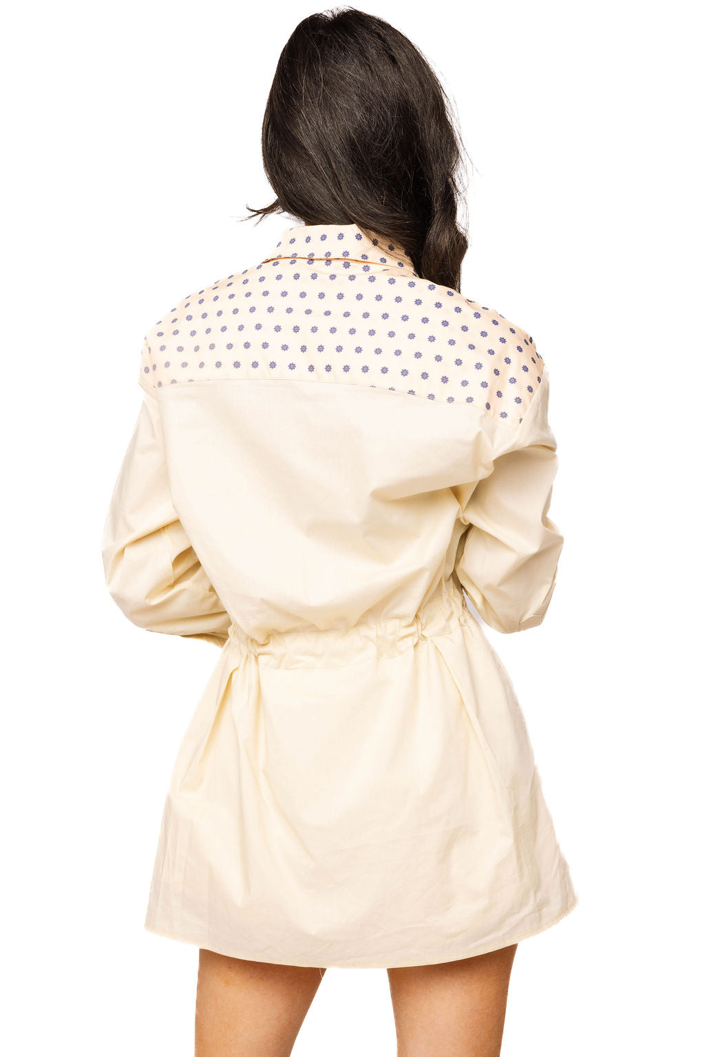 Sample Ivory Polka Dot Turkey Shoulder Button Up Drawstring Waist Dress