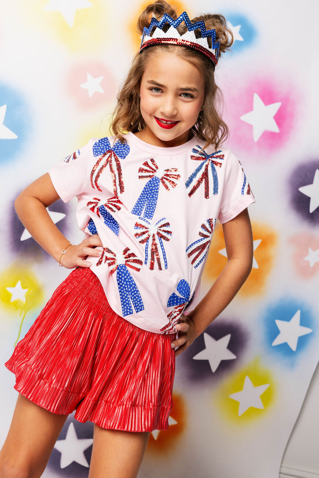 Kids Light Pink, Red, White, & Blue Scattered Bow Tee