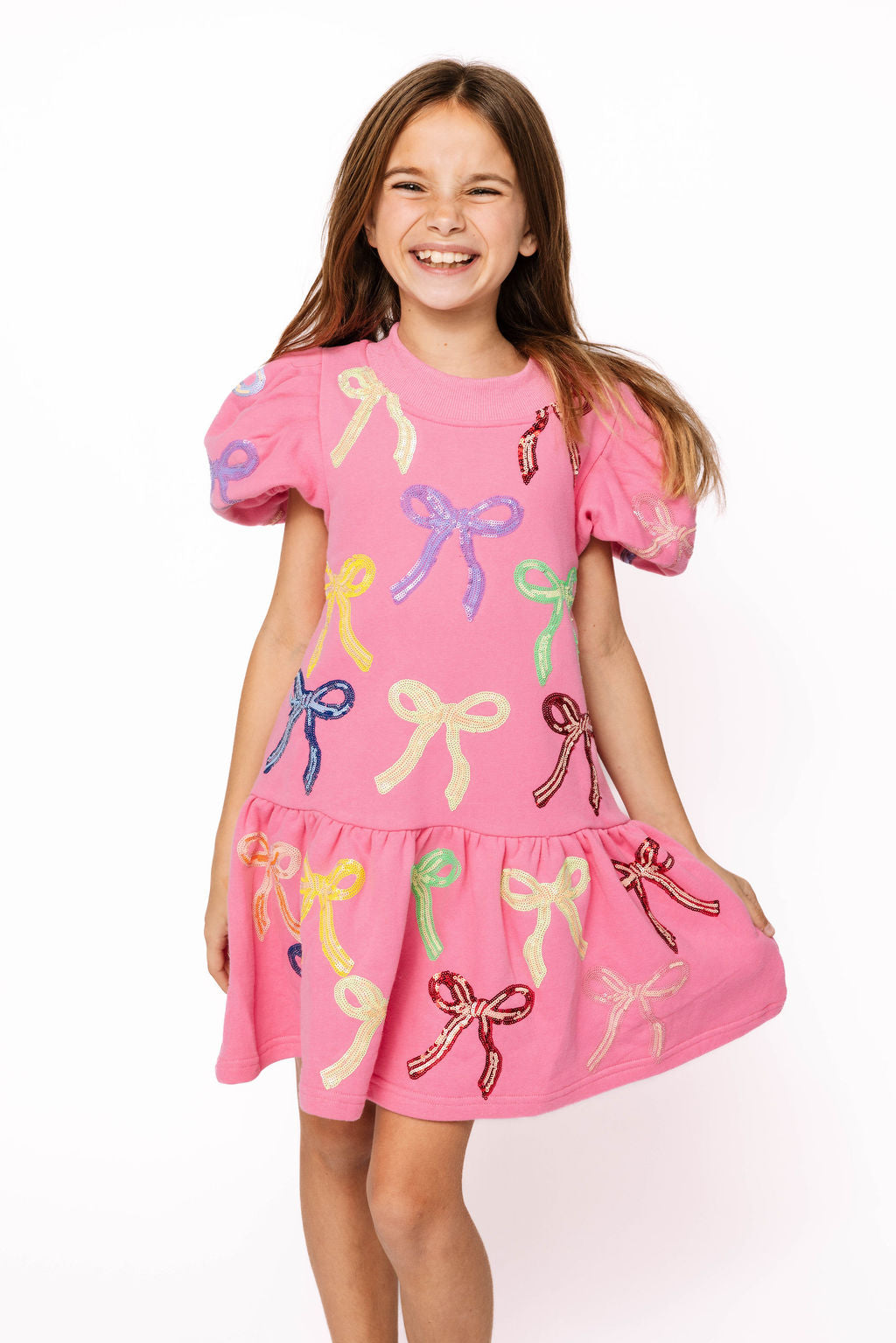 Kids Pink Multi Bow Poof Sleeve Dress