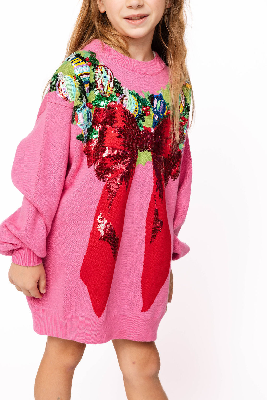 Kids Bright Pink Multi Wreath Around Neck Sweater Dress