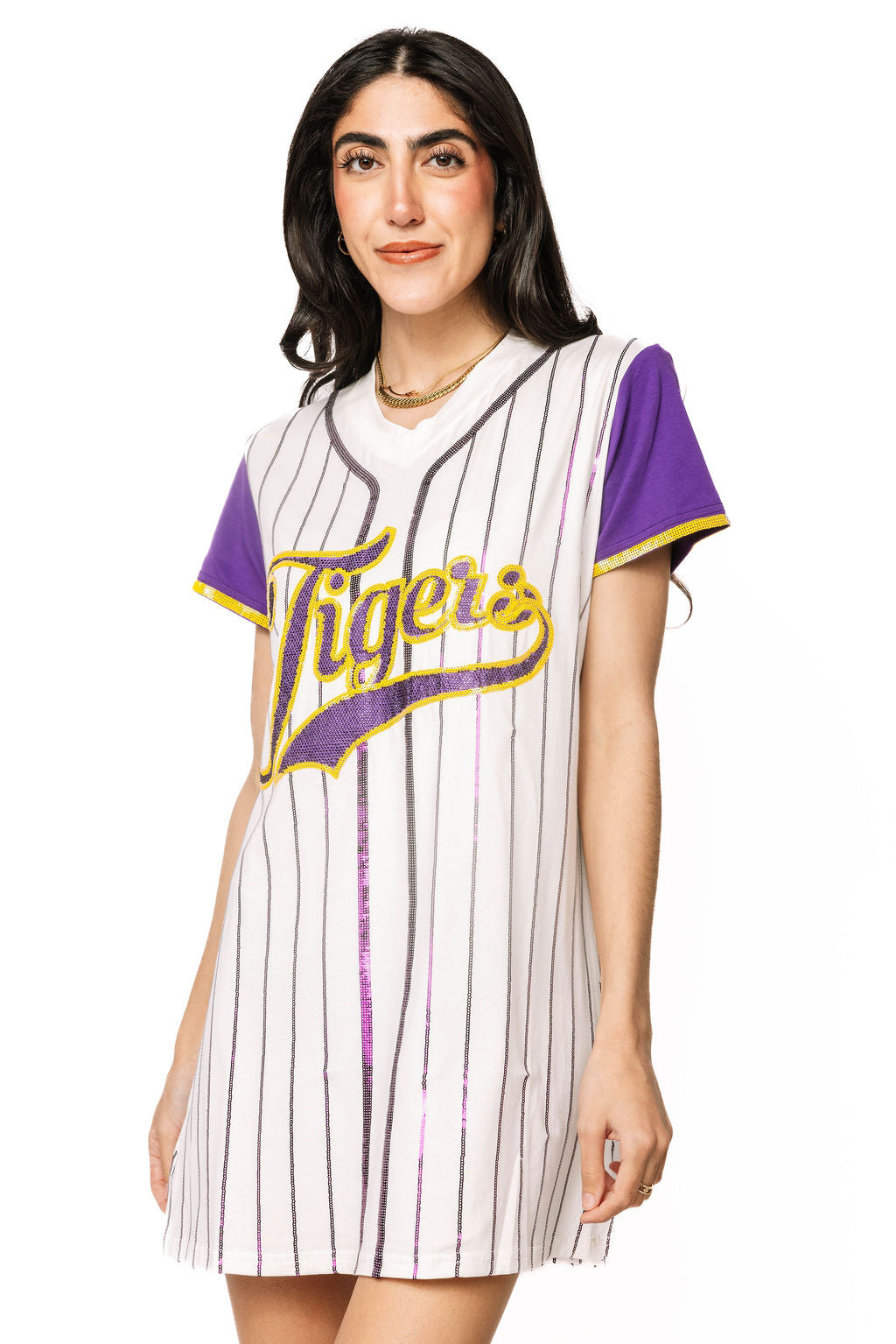 lsu dress for women Licensed LSU Striped Baseball Color Sleeve Word Tee Dress XXL / LICBASEBALL2811