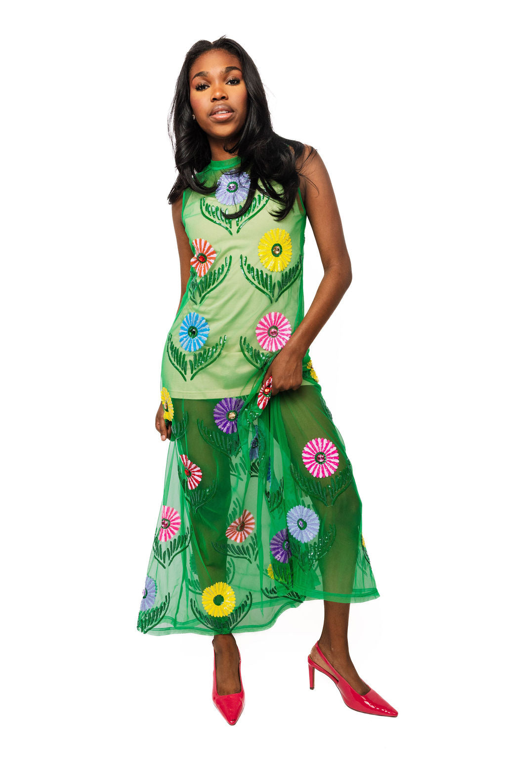 Green Cinco Flowers Mesh Coverup Midi Dress – Queen of Sparkles