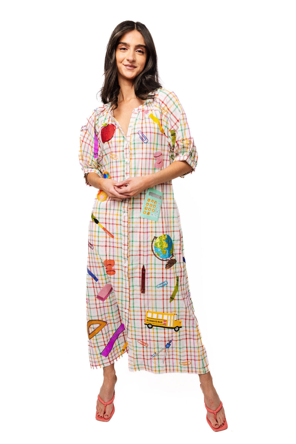 Rainbow Plaid Teacher Icon Button Up Cotton Midi Dress – Queen of Sparkles