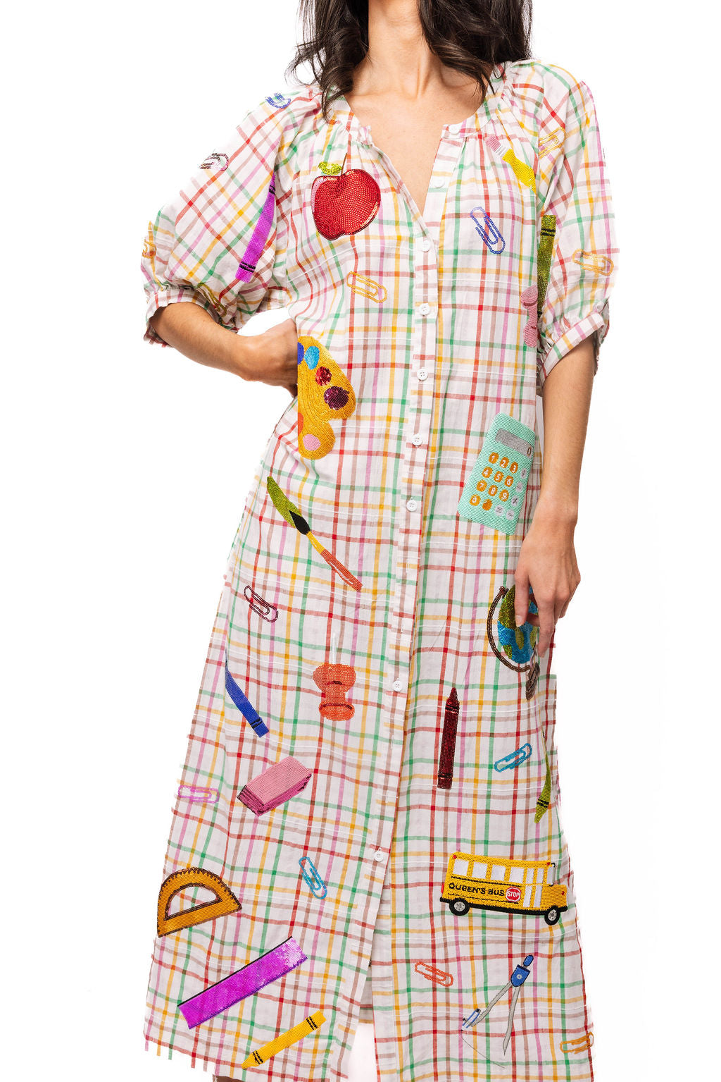 Rainbow Plaid Teacher Icon Button Up Cotton Midi Dress – Queen of Sparkles