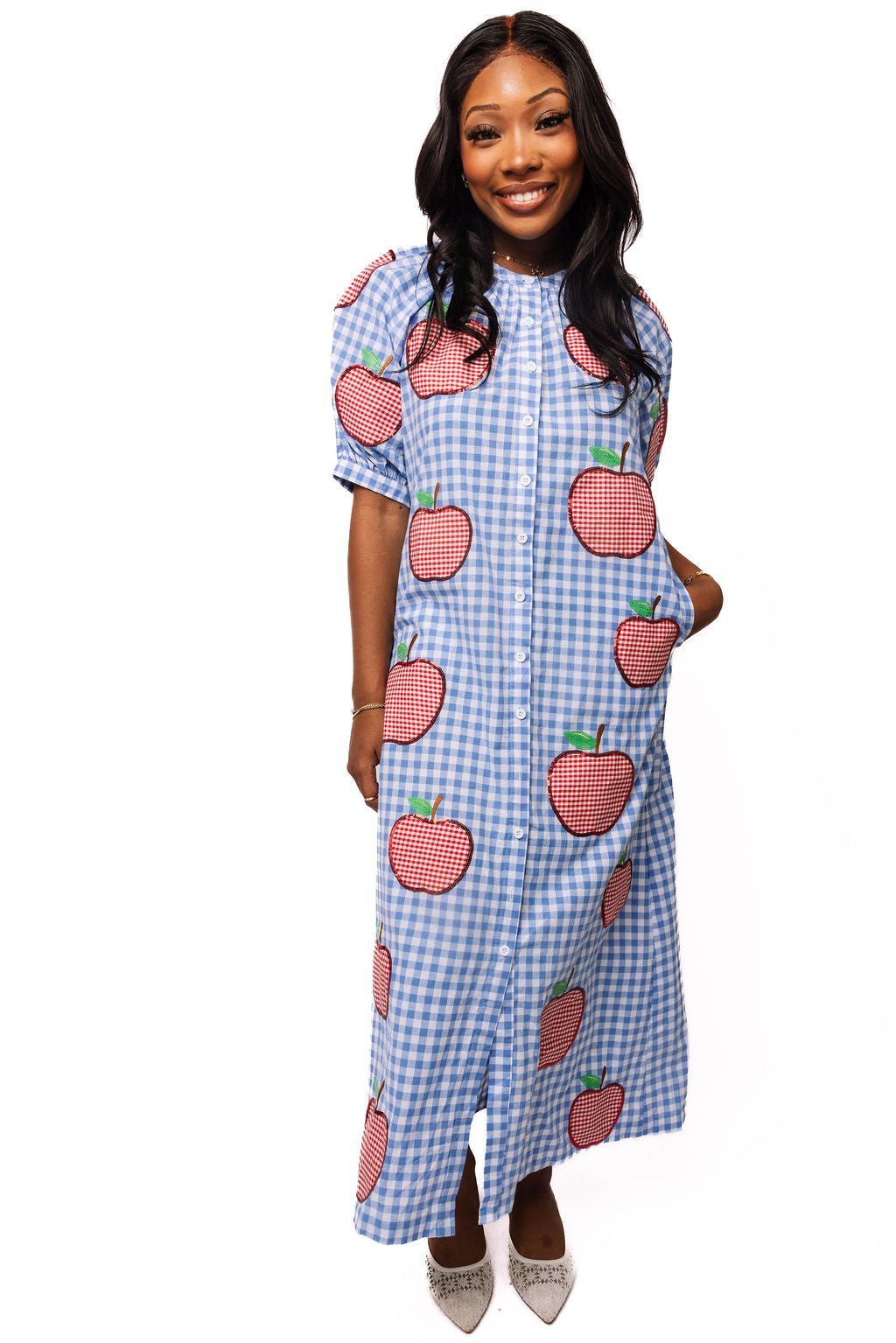 Blue & White Gingham Apple Button Up Cotton Midi Dress XXL / SP26086