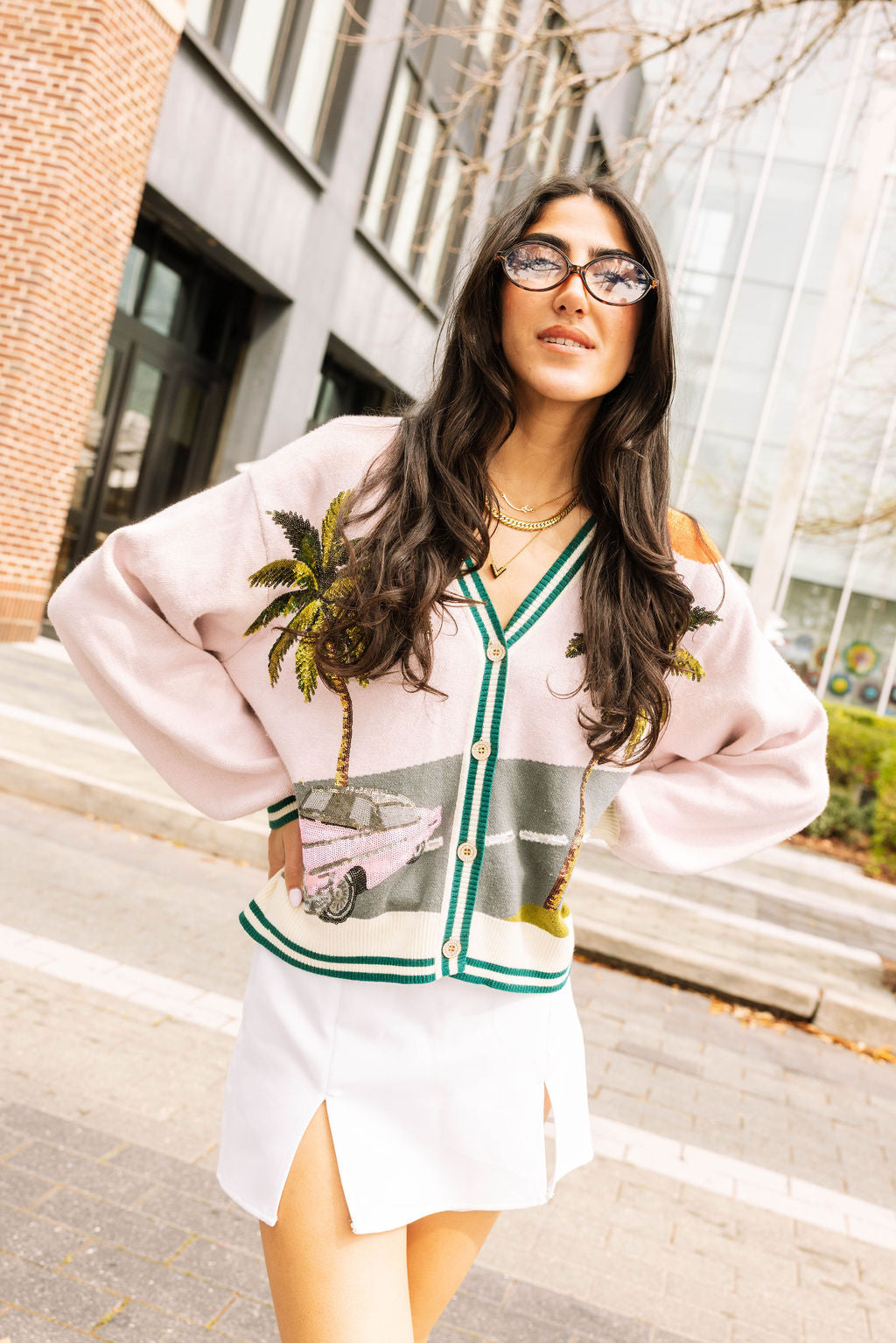 Light Pink Vintage Car On Street With Palm Tree Cardigan