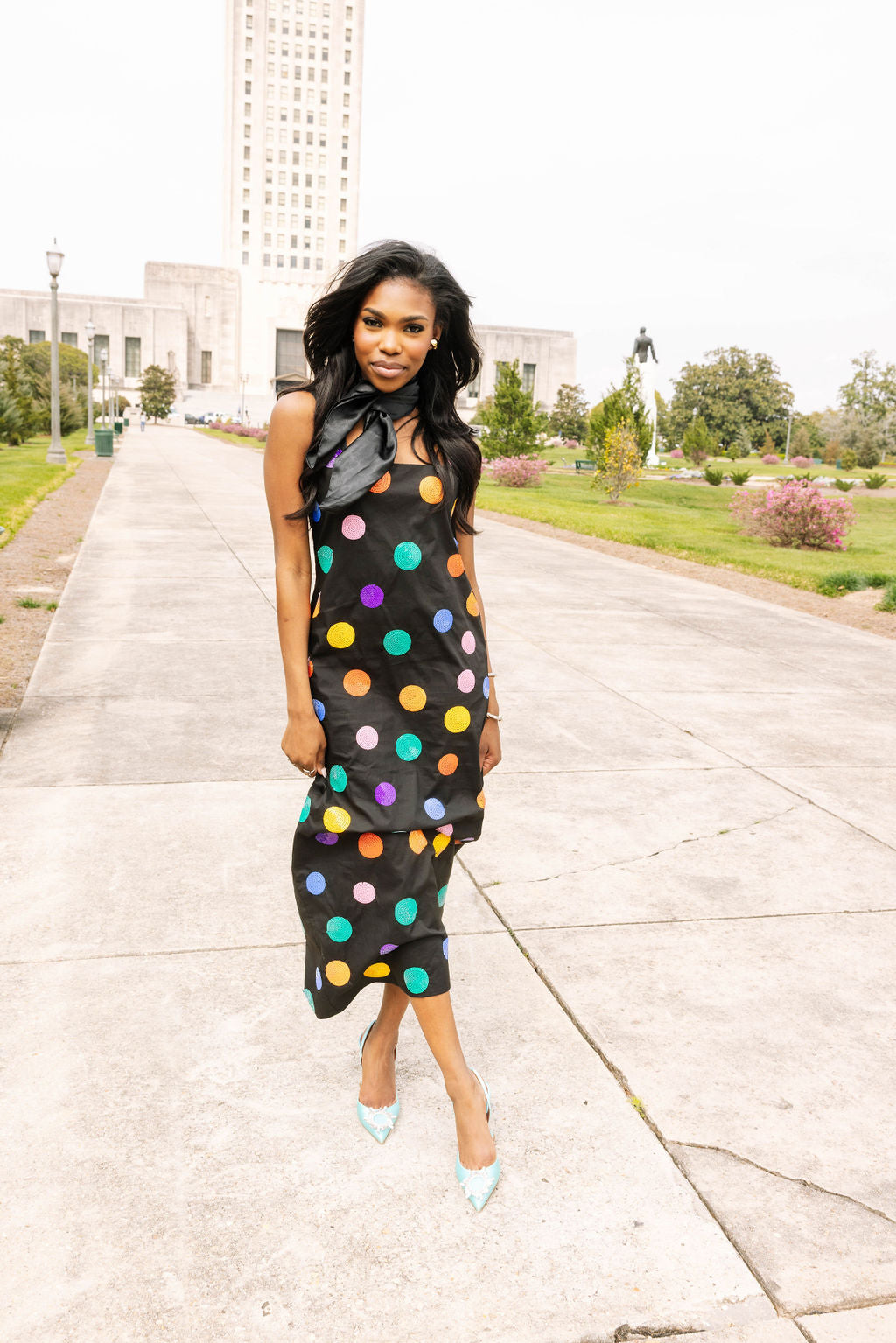 Black Multi Polka Dot Cotton Midi Dress