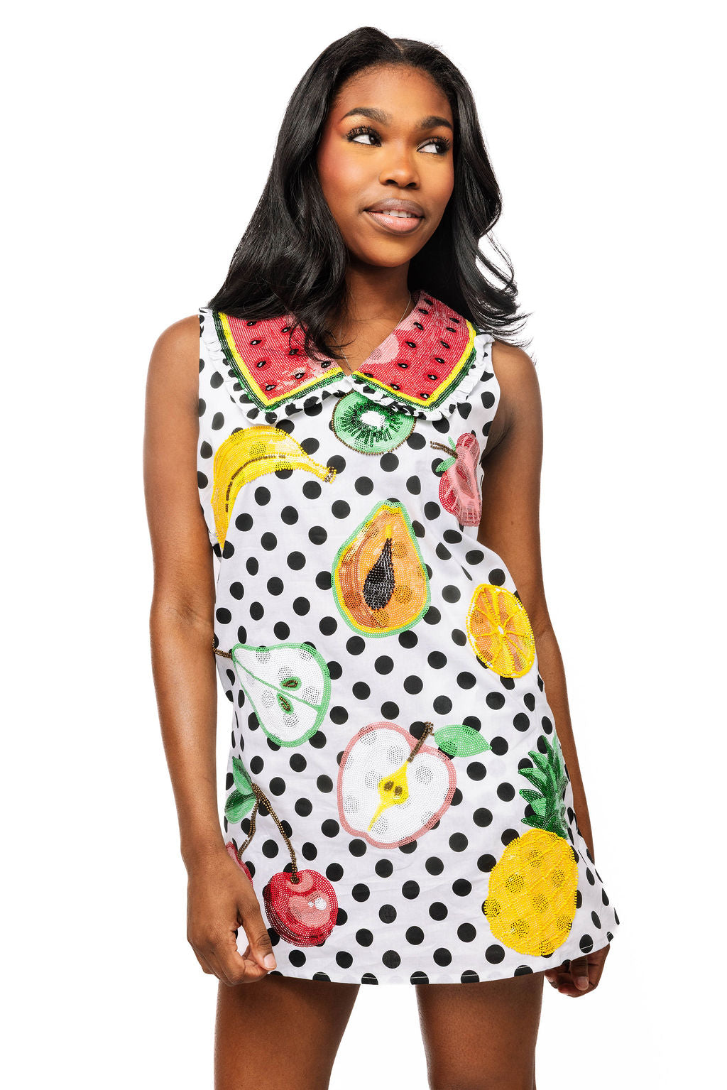 fruit dress women White & Black Polka Dot Multi Fruit Collar Cotton Tank Dress XS / SP26677