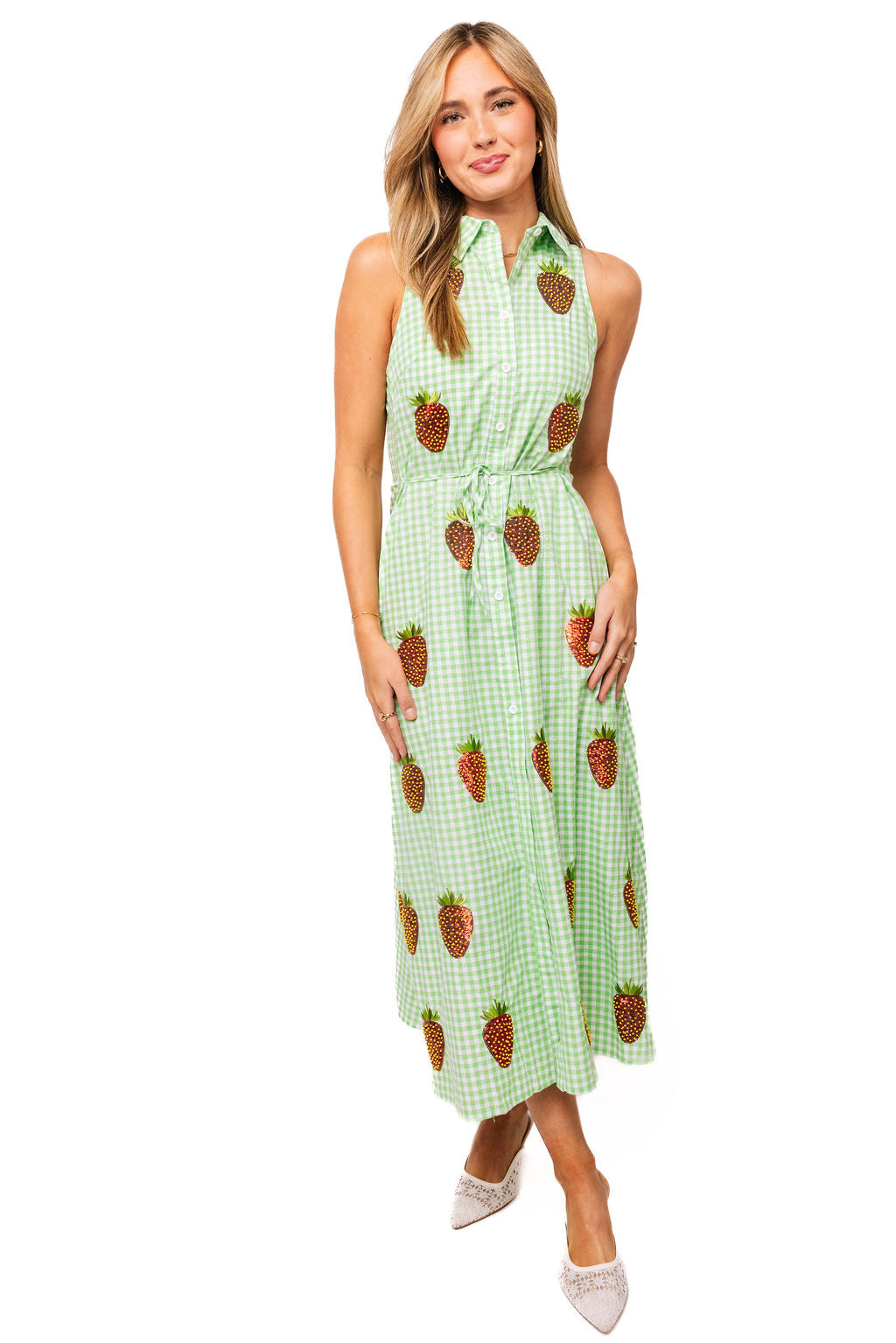 green emerald velvet dress Baltic Born Womens Mirabel Eyelet Midi Dress | White + Green main image 0