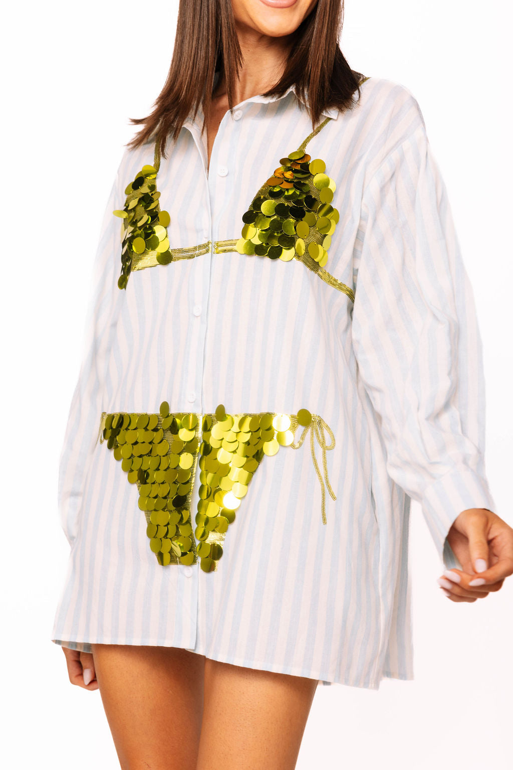 Blue & White Stripe Cotton Button Up With Gold Bikini Tunic – Queen of  Sparkles