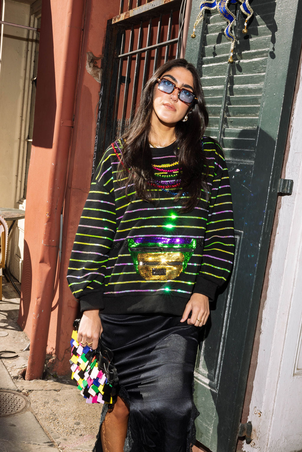 Black Oversized Stripe Fanny Pack & Mardi Gras Bead Sweatshirt