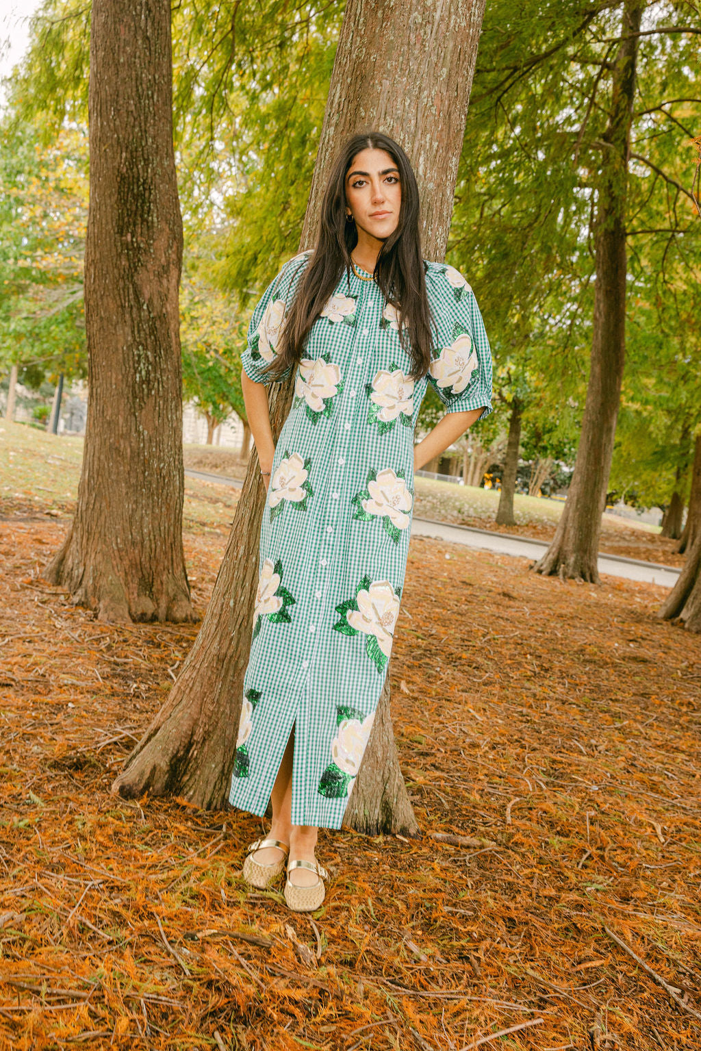 Green & White Gingham Magnolia Button Up Cotton Midi Dress M / PRSP2541 Green & White Gingham Magnolia Button Up Cotton Midi Dress M / PRSP2541