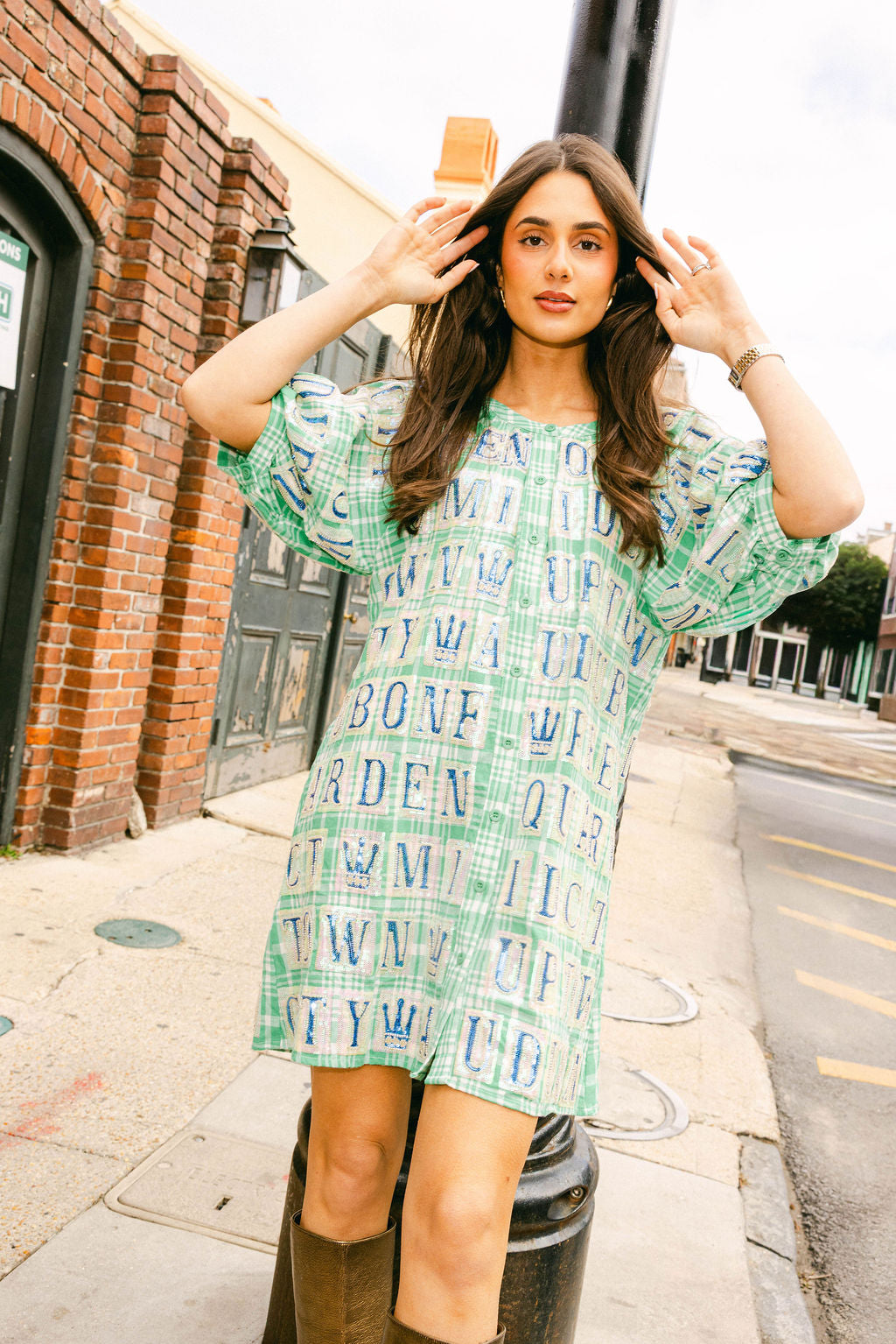 Green Plaid NOLA Street Tiles Button Up Cotton Dress Queen of Sparkles Green Plaid NOLA Street Tiles Button Up Cotton Dress Queen of Sparkles