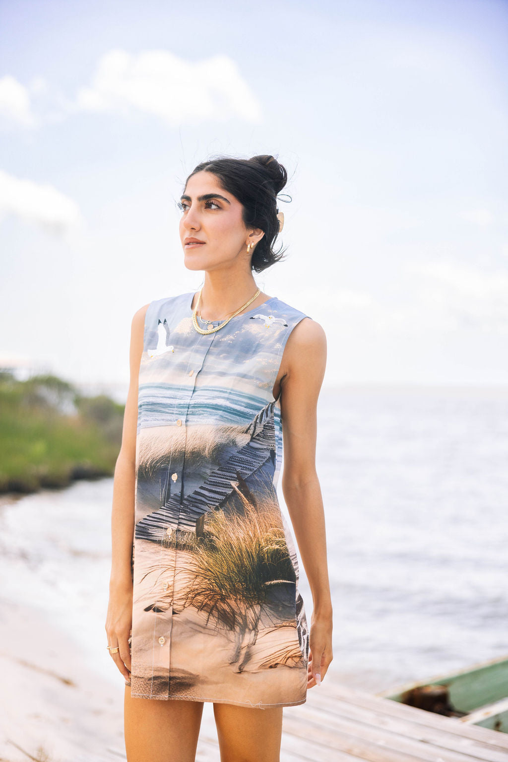Boardwalk Beach Scene Button Up Tank Dress S / SUM26152