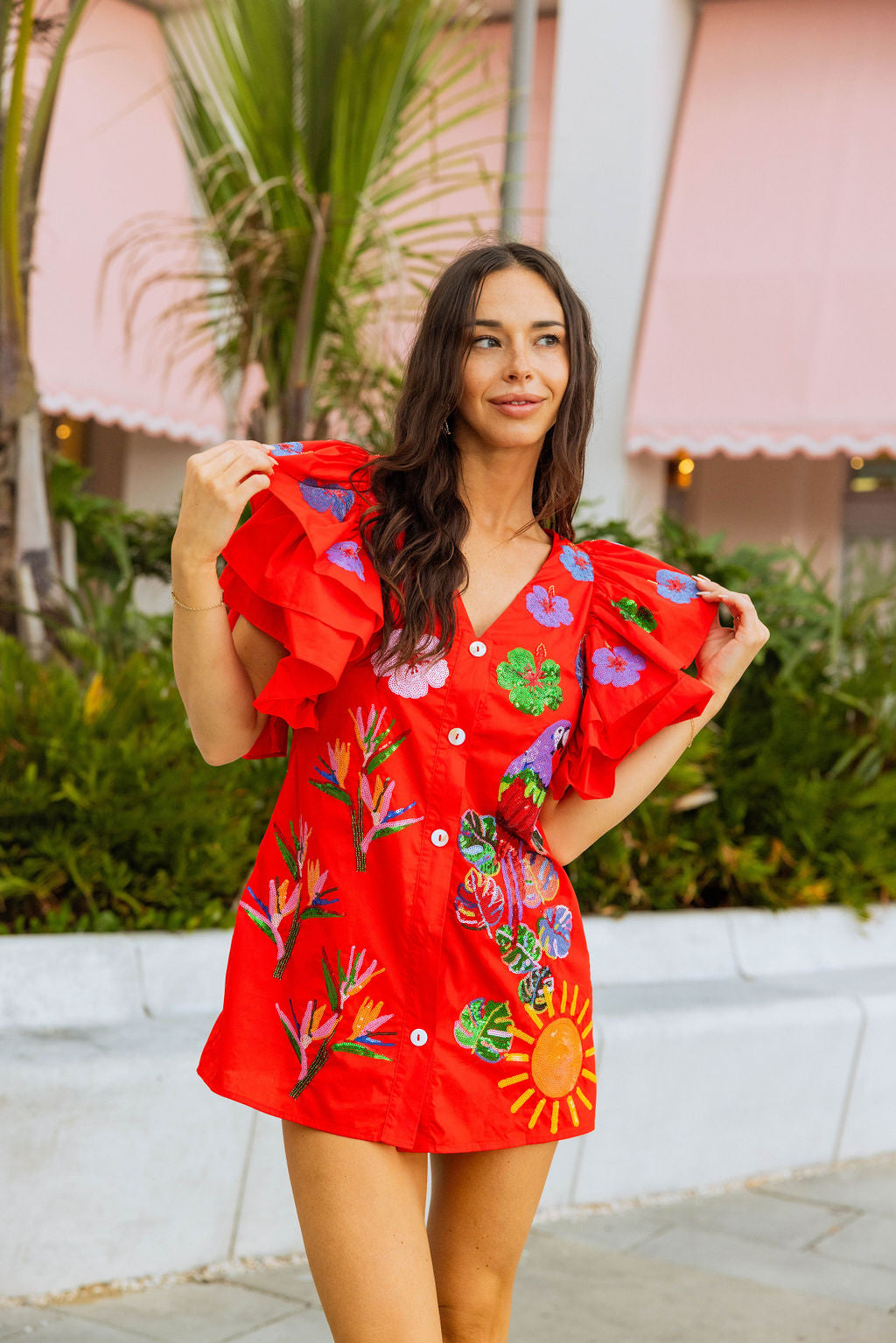 Red Paradise Icon Ruffle Sleeve Dress