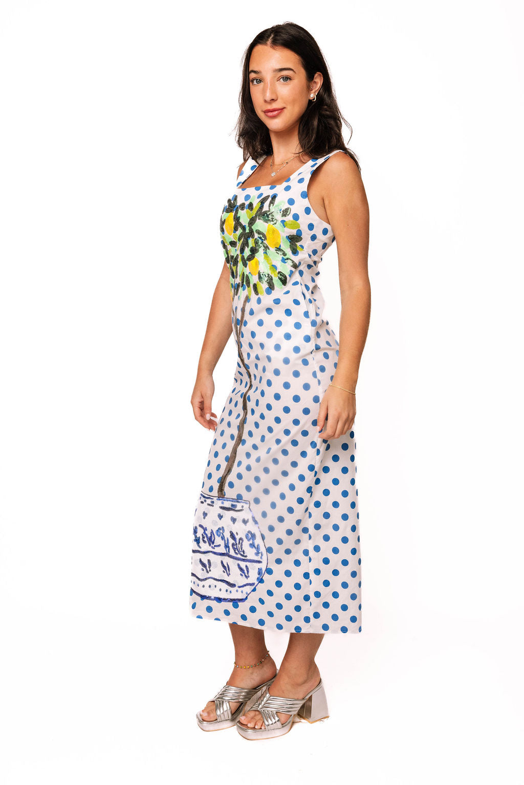 White & Blue Polka Dot Lemon Tree Midi Tank Dress XS / SUM2697