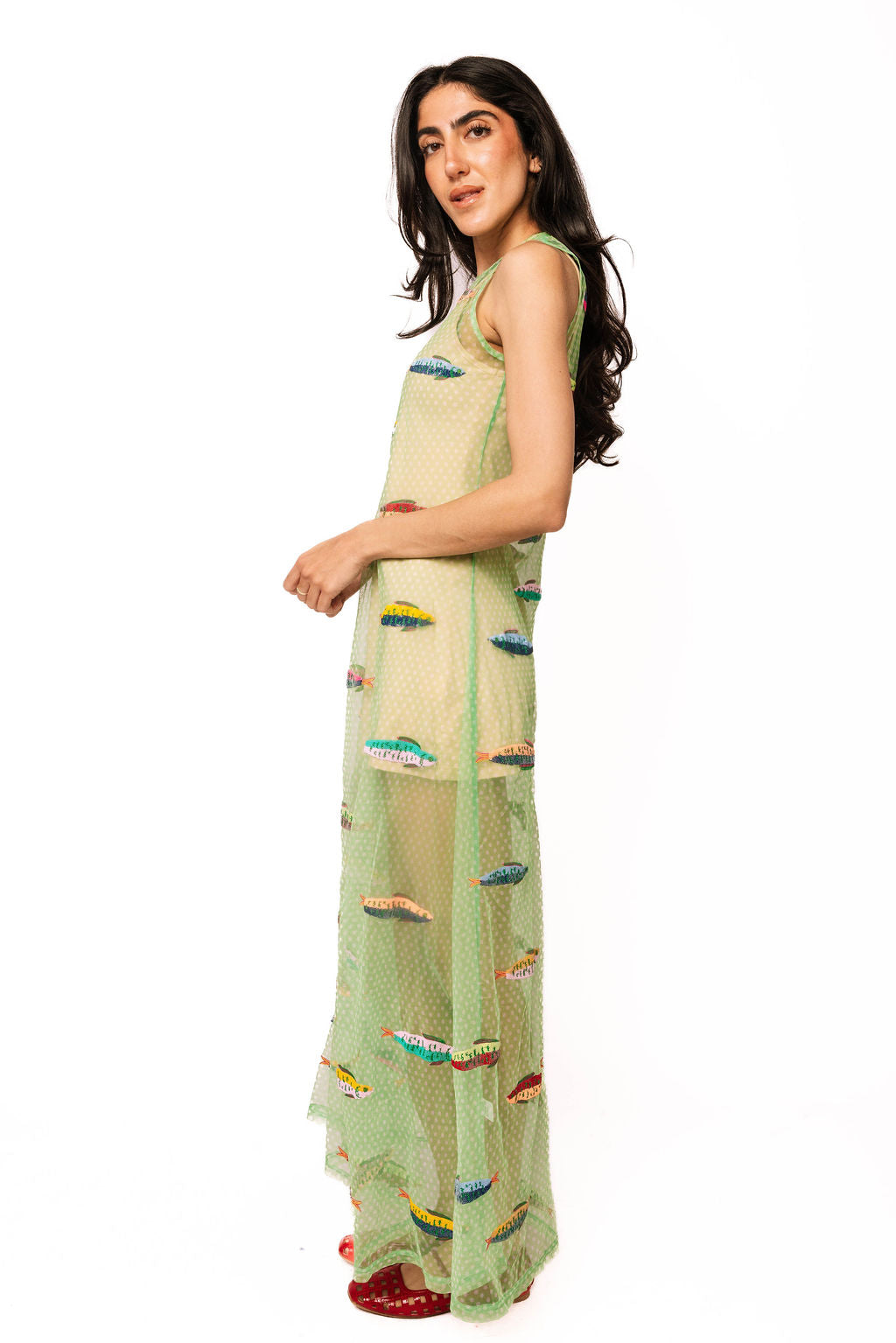 Green Sheer Polka Dot Multi Fish Coverup Midi Dress XL / SUM2660