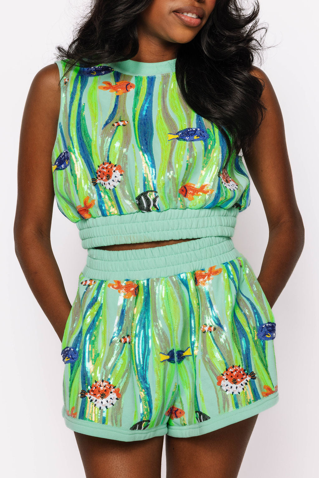 Green Multi Sequin Fish Underwater Short
