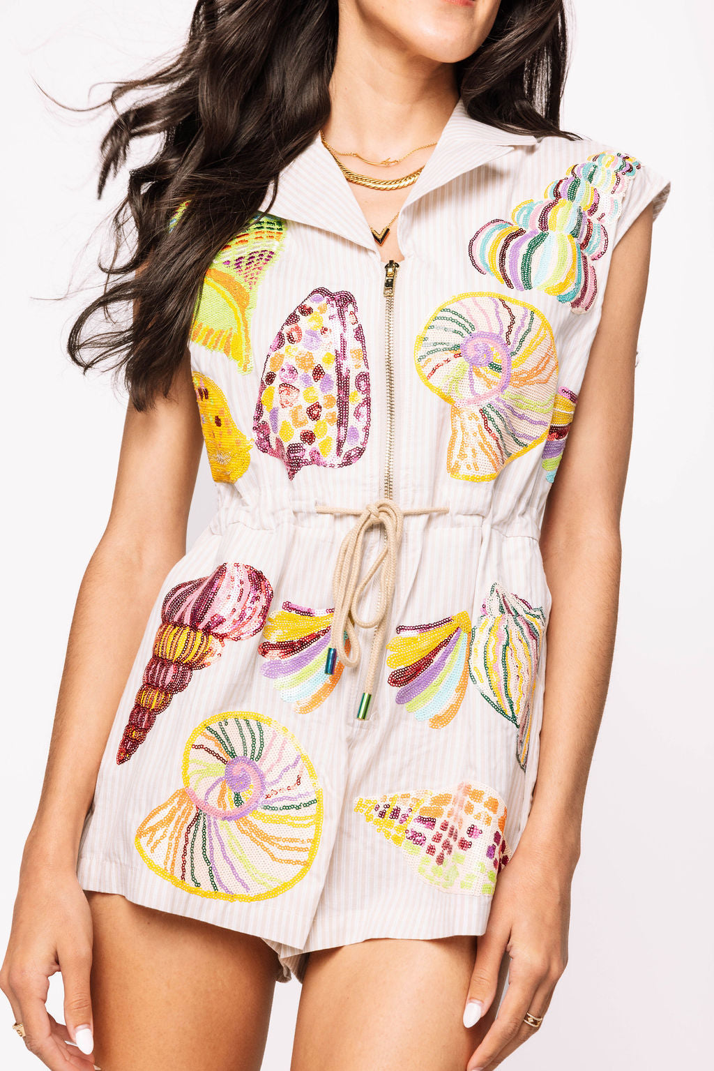 Tan Stripe Multi Shell Tie Collar Romper – Queen of Sparkles