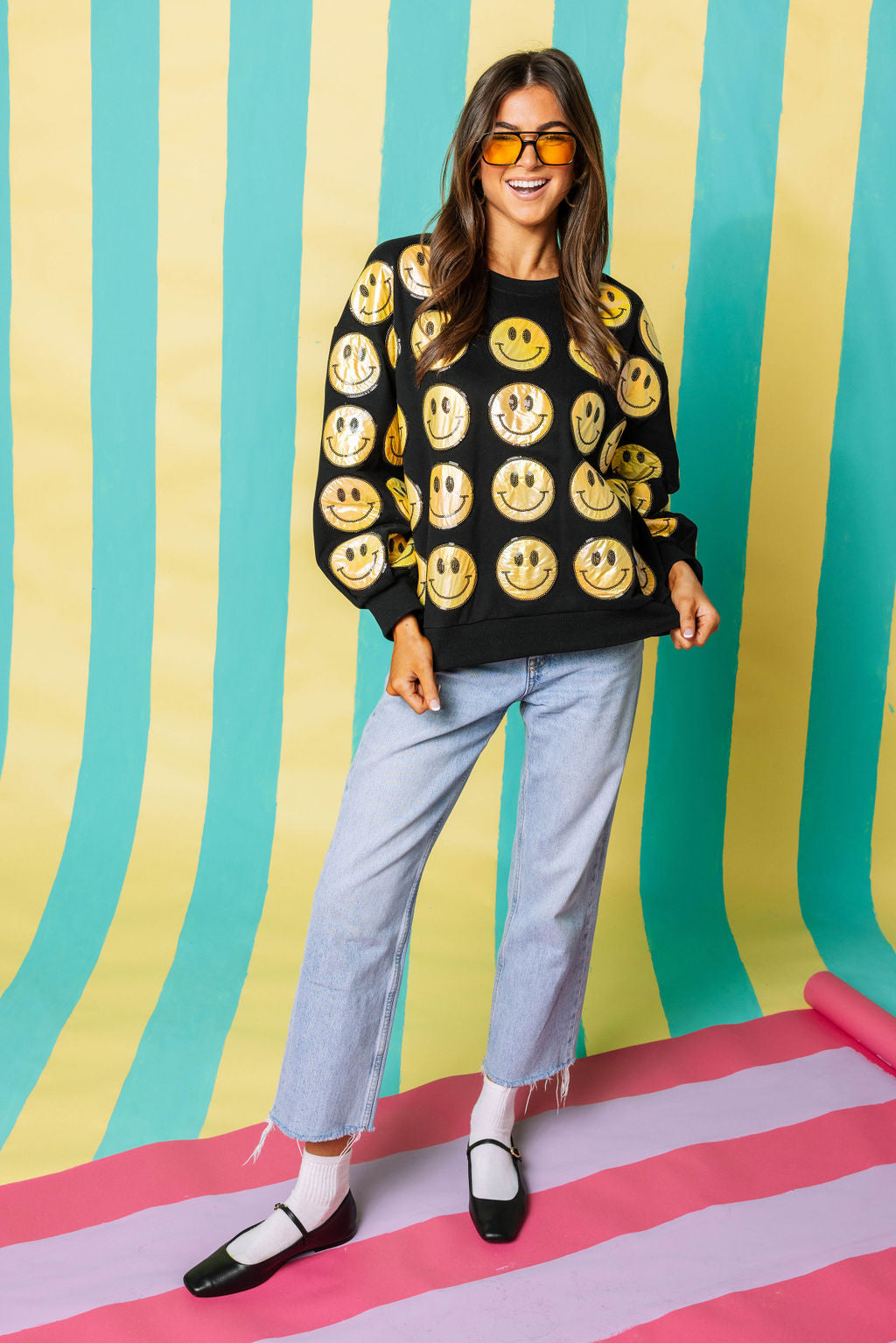 Black & Yellow Scattered Smiley Face Sweatshirt