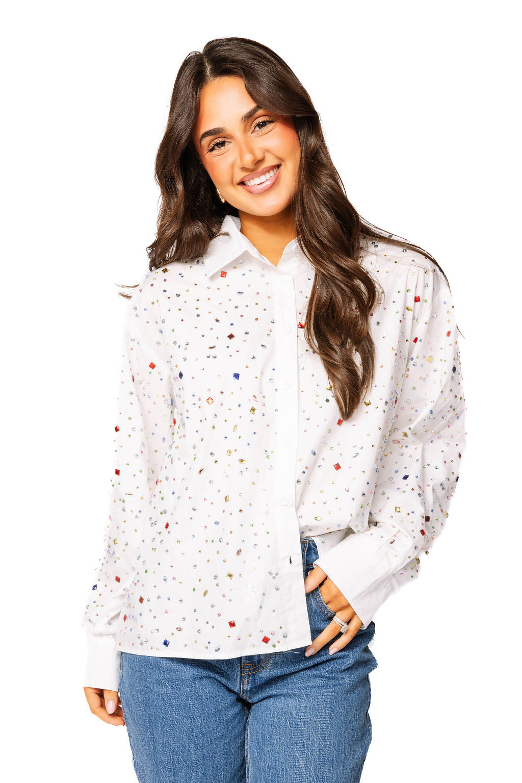 White Multi Rhinestone Cotton Button Up Collared Top