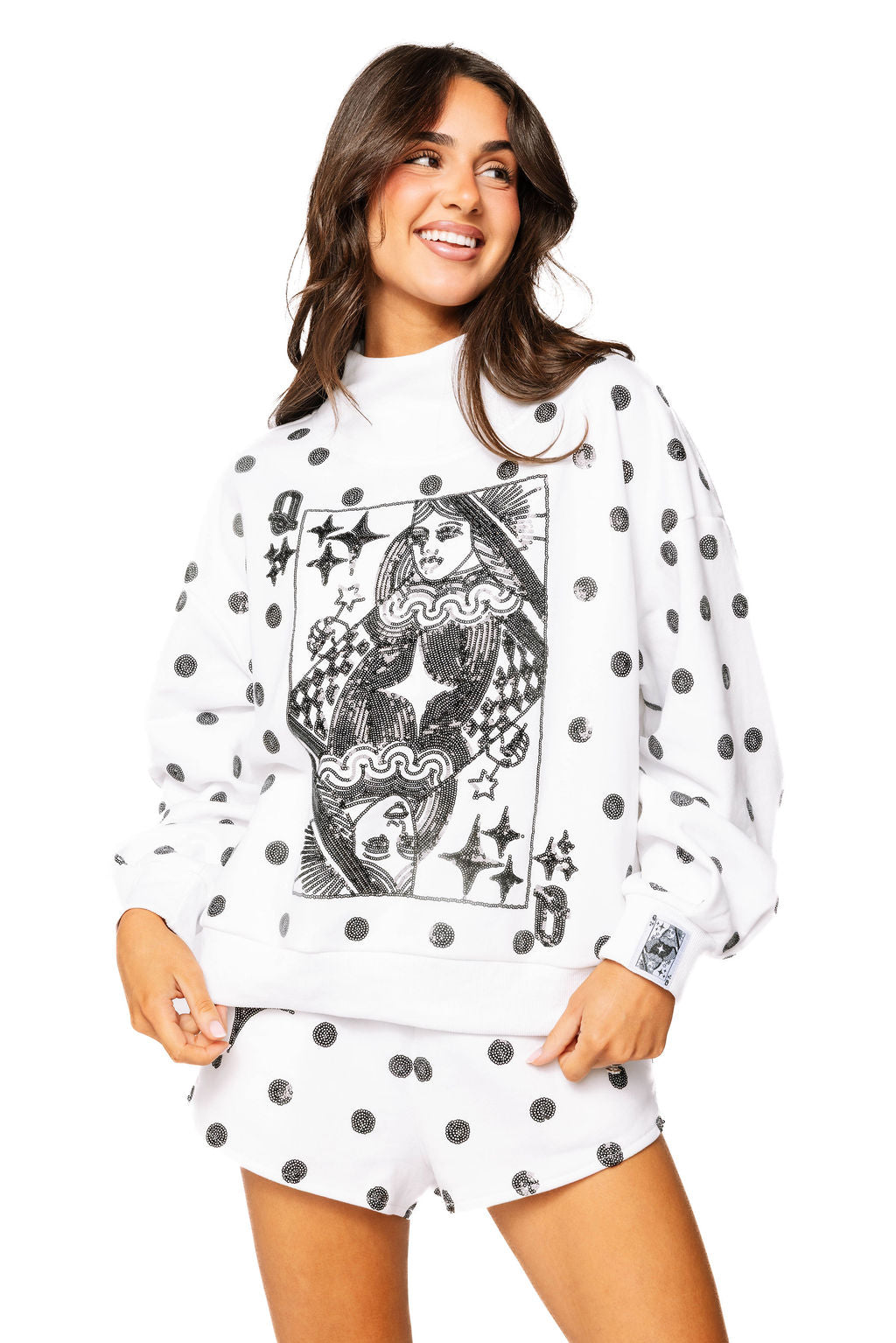 White & Black Polka Dot QOS Card Logo Sweatshirt