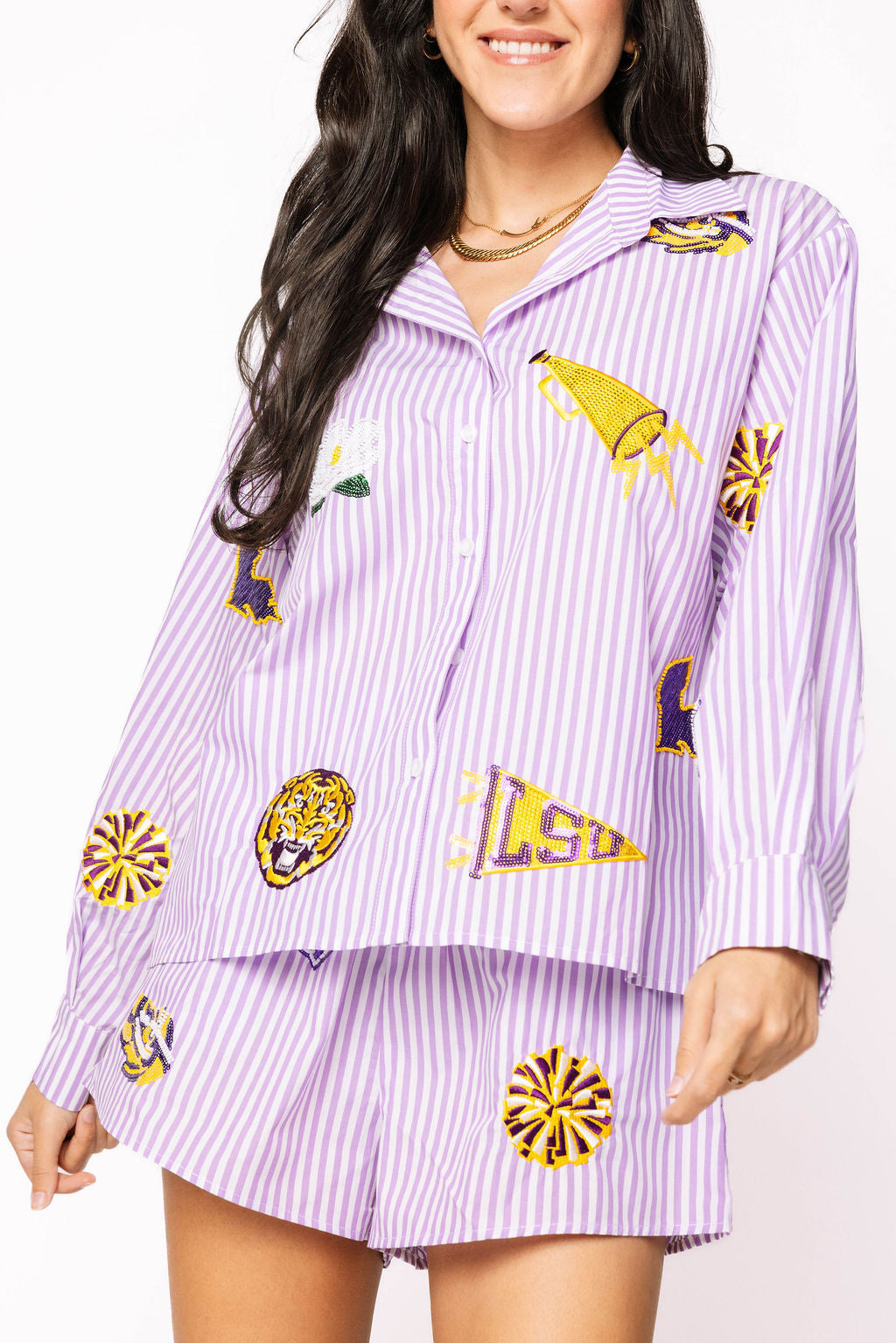 Licensed LSU Mini Icon Striped Button Down Long Sleeve Top