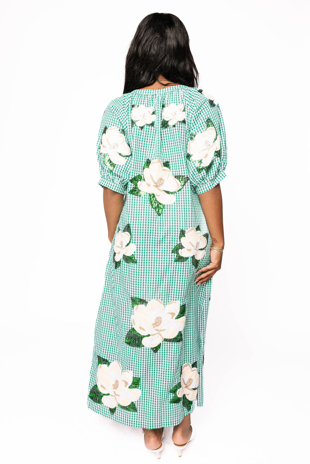 Green & White Gingham Magnolia Button Up Cotton Midi Dress M / PRSP2541 Green & White Gingham Magnolia Button Up Cotton Midi Dress M / PRSP2541