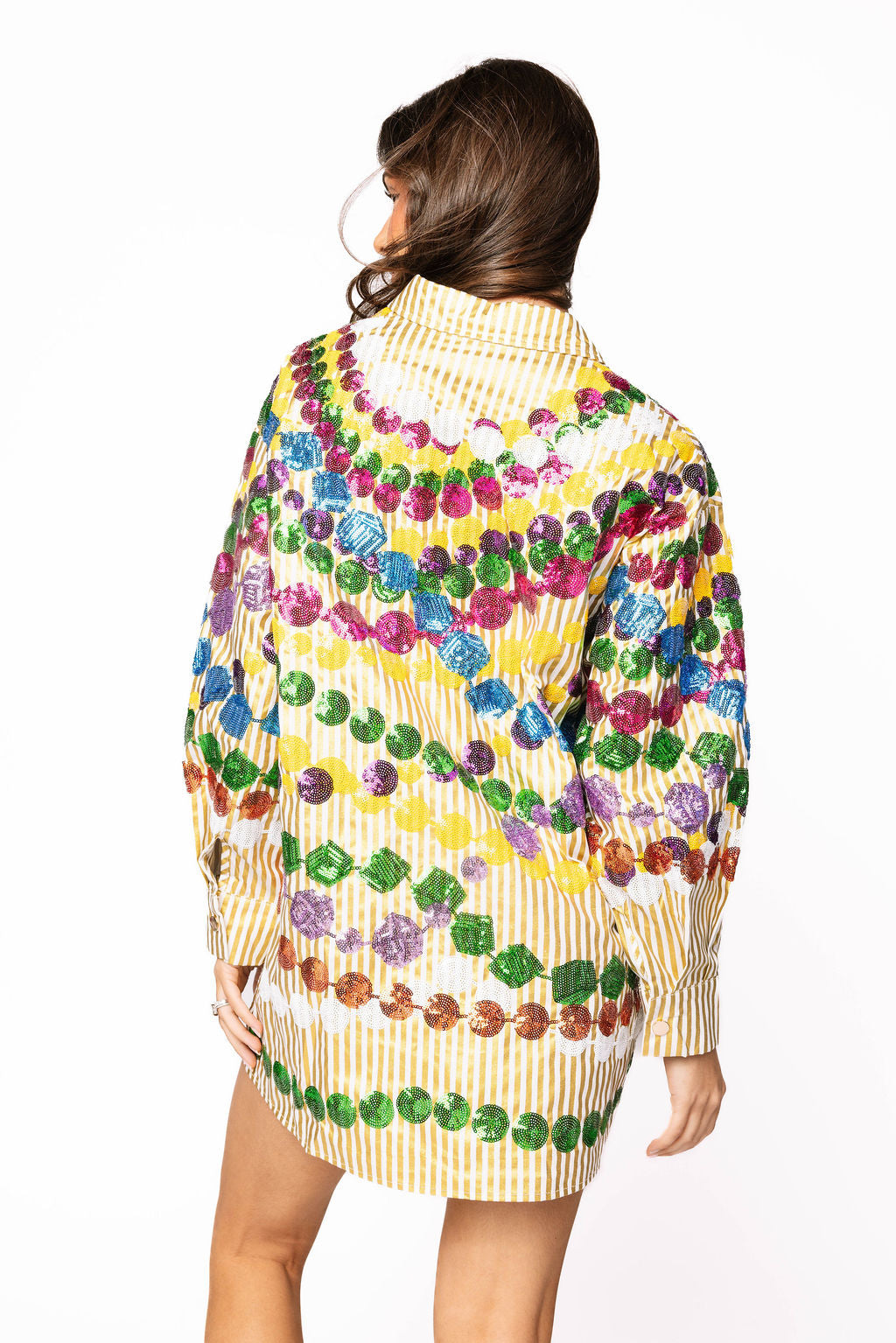 Gold Stripe Mega Bead Button Up Collar Cotton Dress Queen of Sparkles Gold Stripe Mega Bead Button Up Collar Cotton Dress Queen of Sparkles