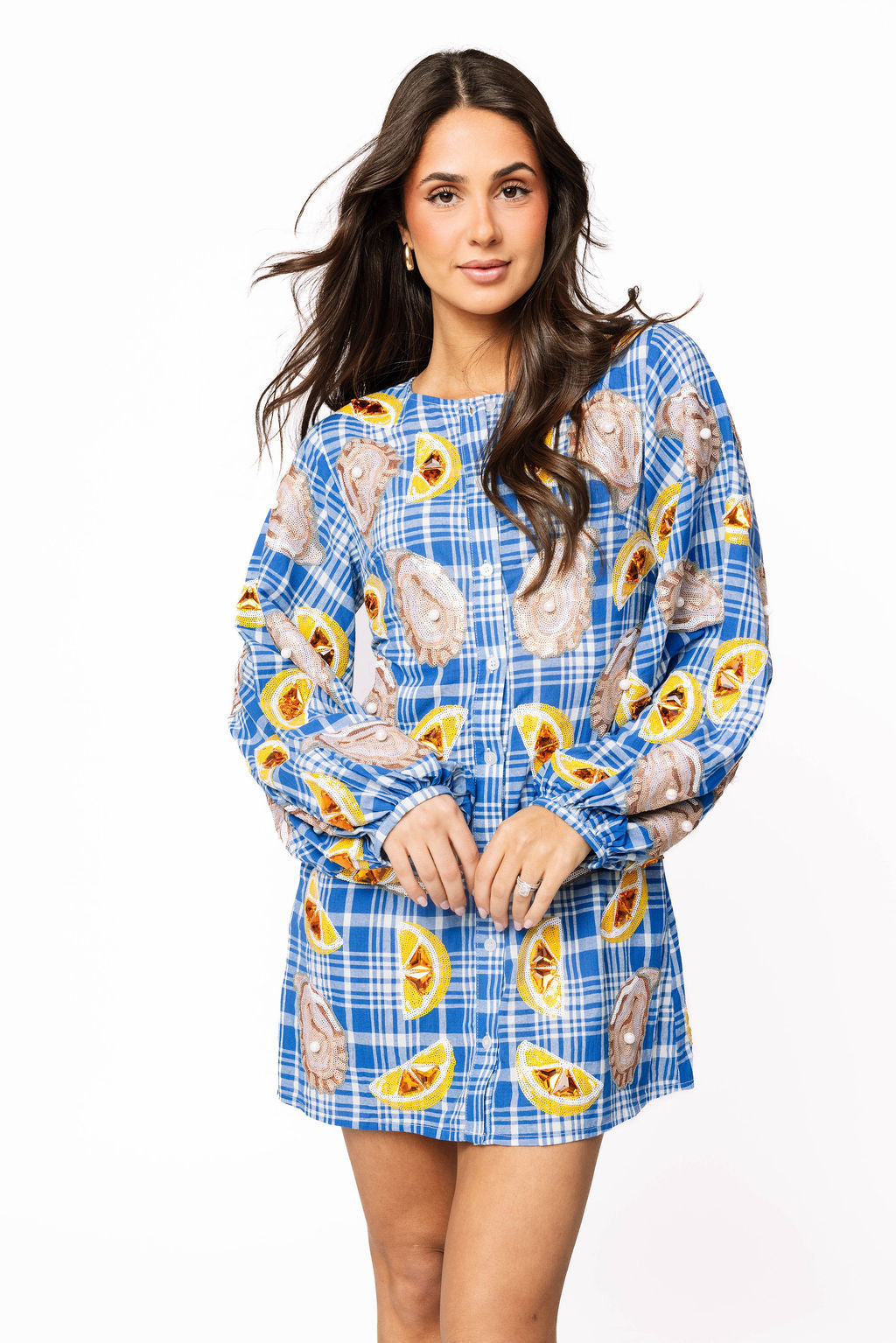 Blue & White Plaid Oysters & Lemons Button Up Dress Queen of Sparkles Blue & White Plaid Oysters & Lemons Button Up Dress Queen of Sparkles