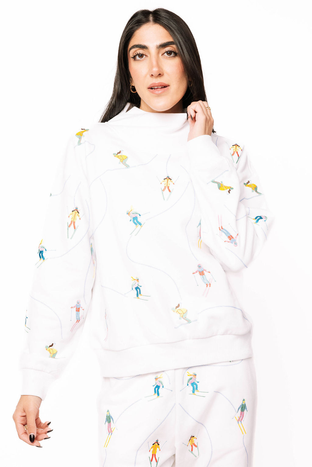 White Multi Skier Snow Path Mock Neck Sweatshirt