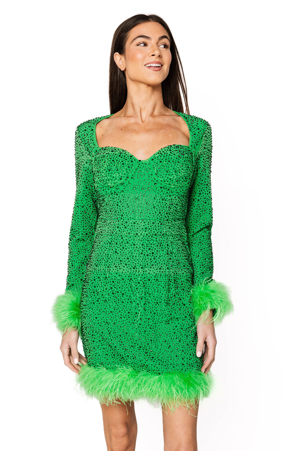 Sample Green Full Rhinestone Feather Sleeve Dress