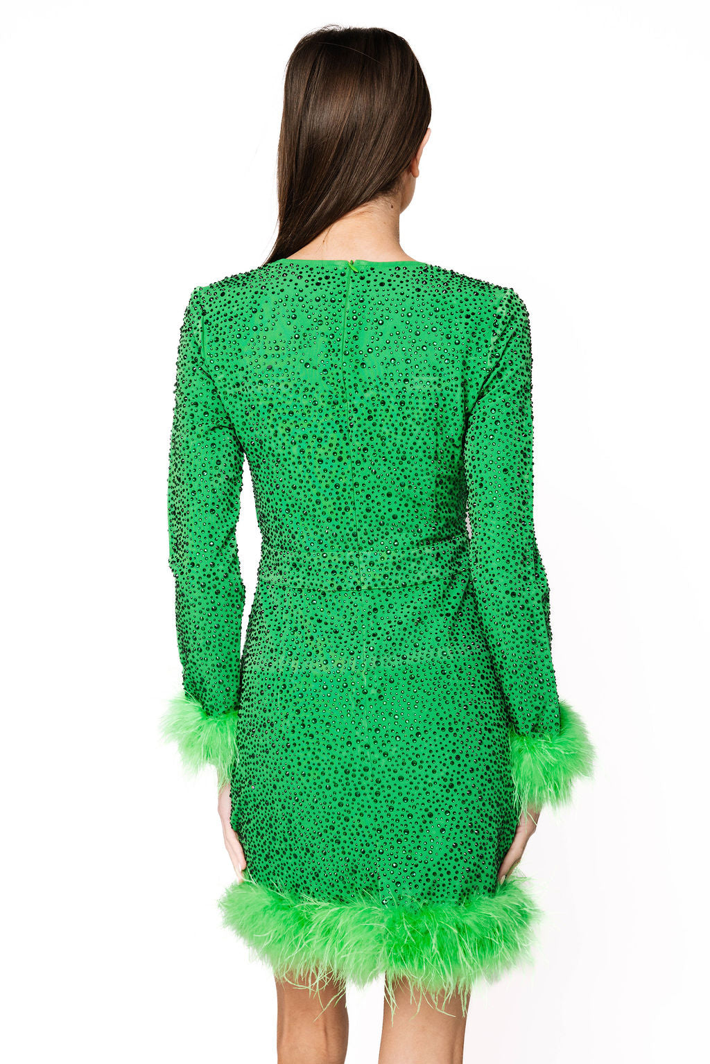 Sample Green Full Rhinestone Feather Sleeve Dress