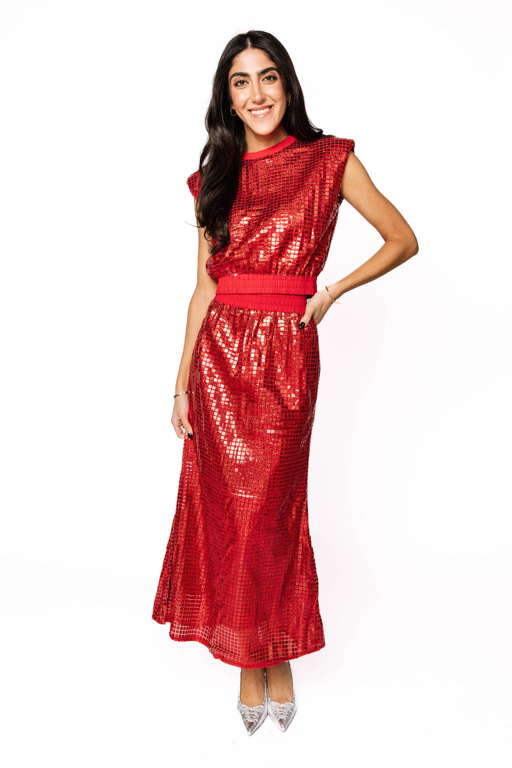 Sample Red Holographic Tank/Maxi Skirt Set