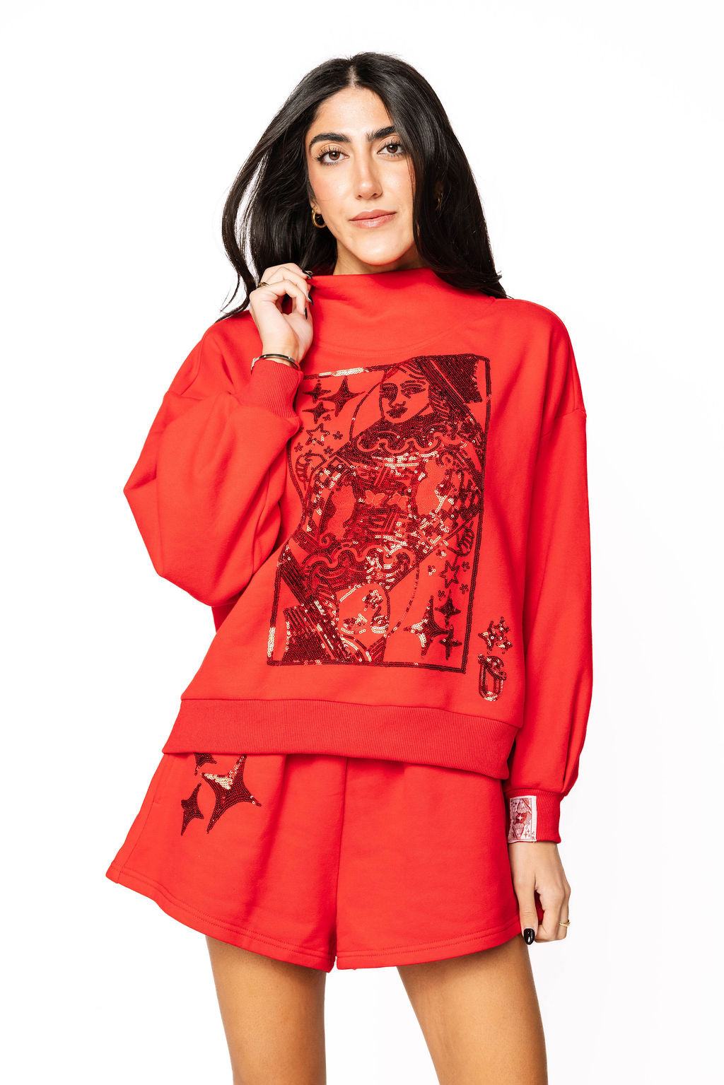 Red QOS Card Logo Mock Neck Sweatshirt