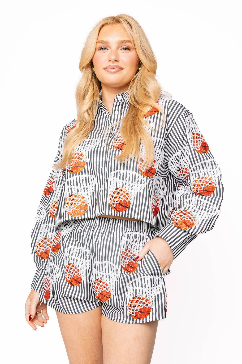 Black & White Stripe Basketball Hoop Button Up Top