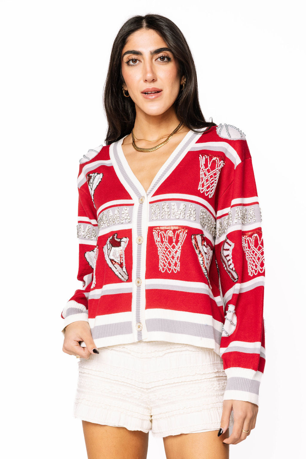 Licensed Bama Striped Basketball Rhinestone Icon Cardigan