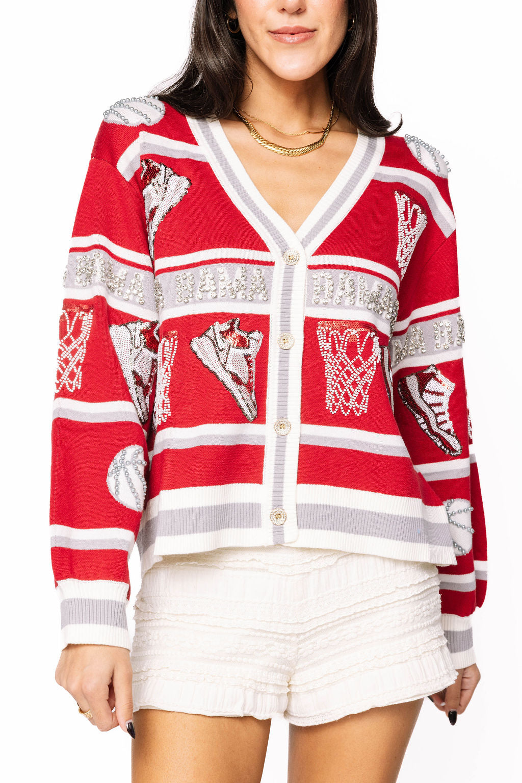 Licensed Bama Striped Basketball Rhinestone Icon Cardigan