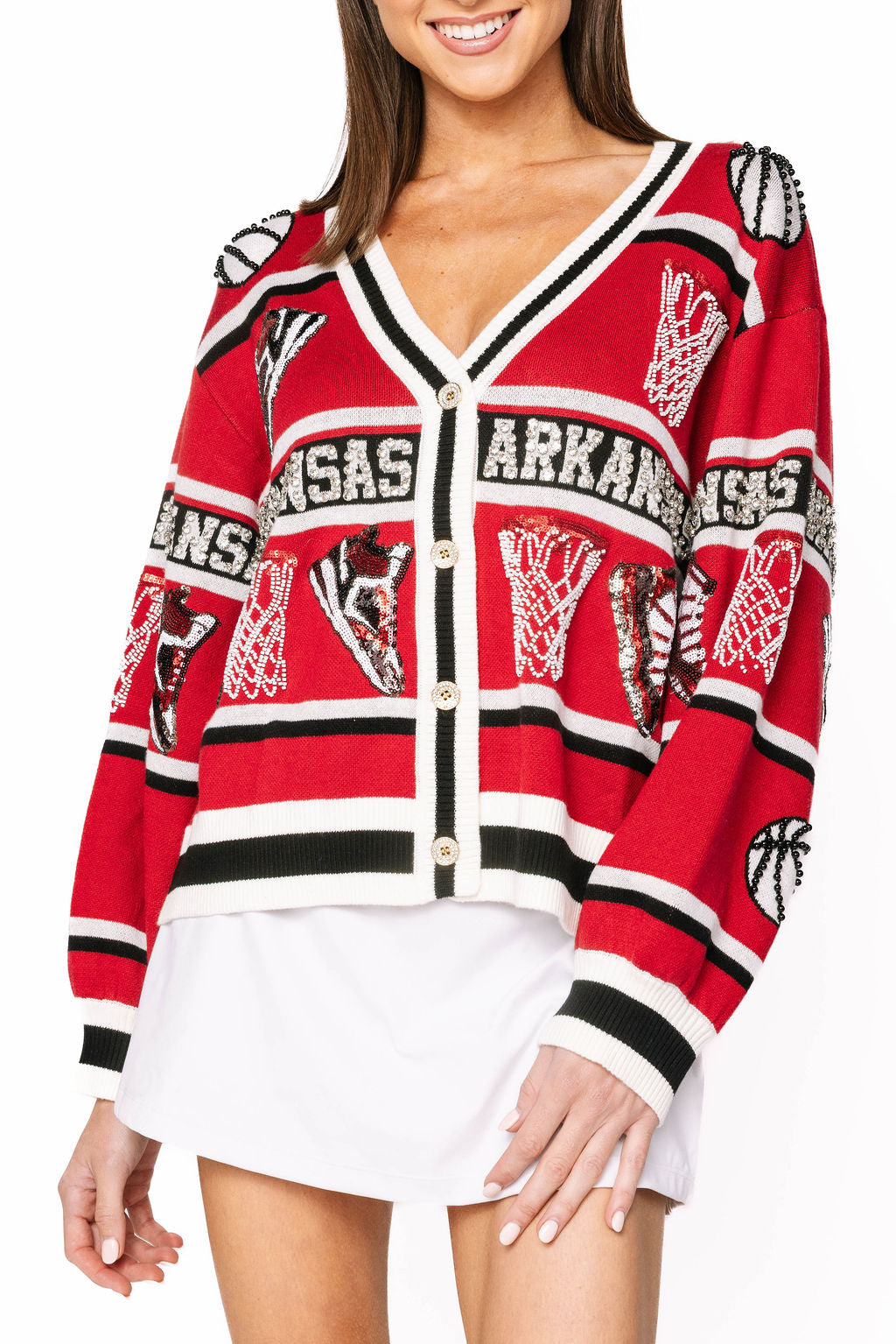 Licensed Arkansas Striped Basketball Rhinestone Icon Cardigan