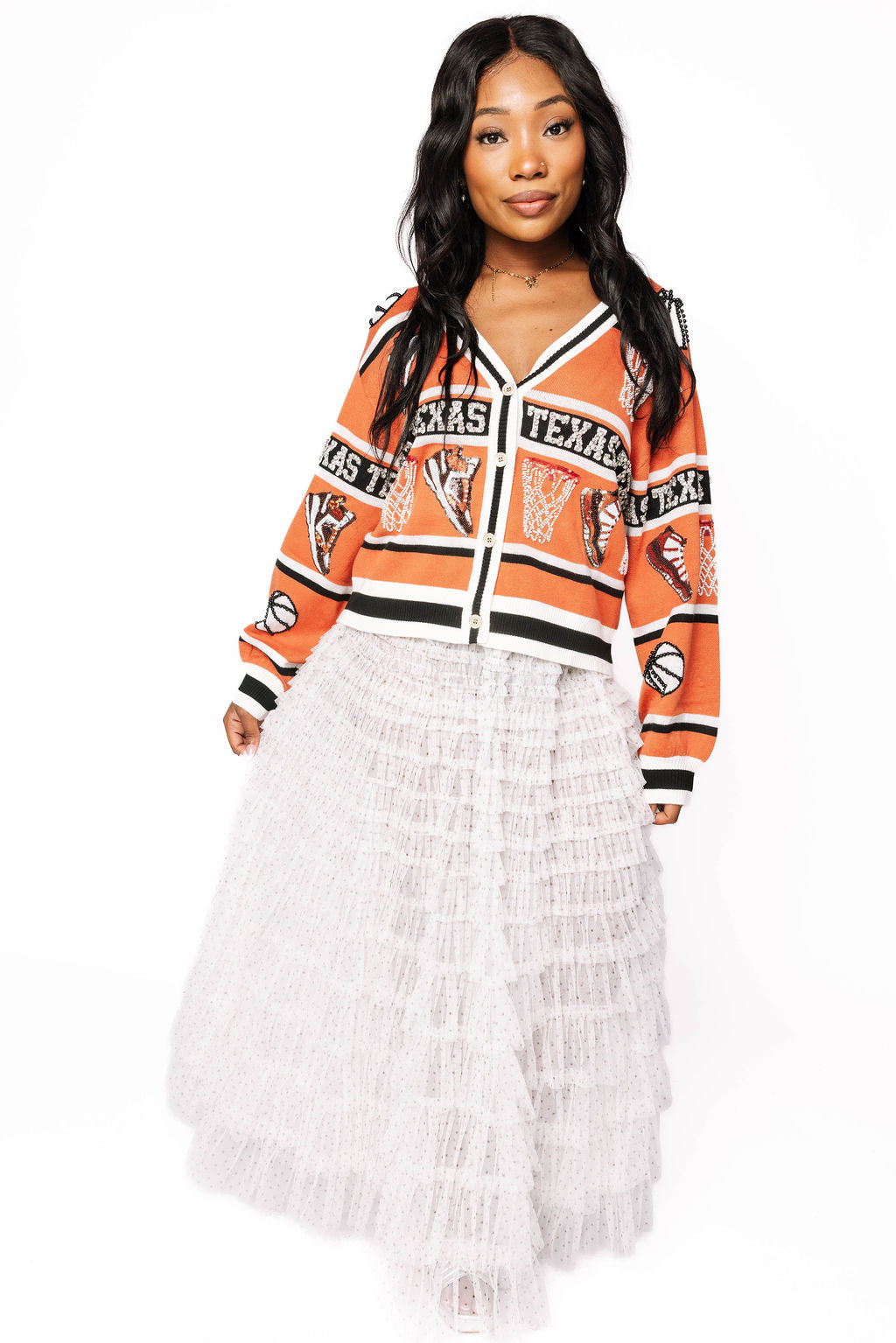 Licensed Texas Striped Basketball Rhinestone Icon Cardigan